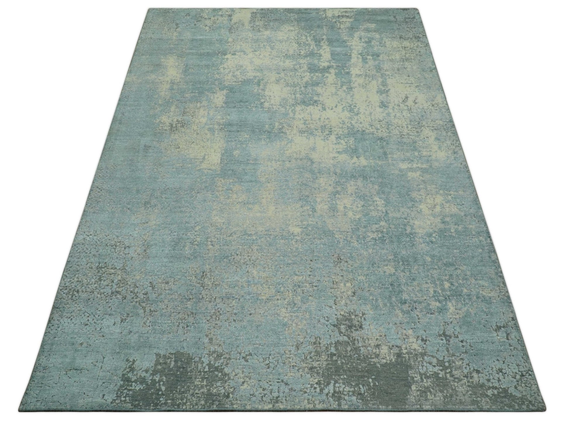 Abstract Design Blue, Beige And Gray 8x10 Hand Knotted Wool and Bamboo Silk Rug - Marsh and Manor Collective