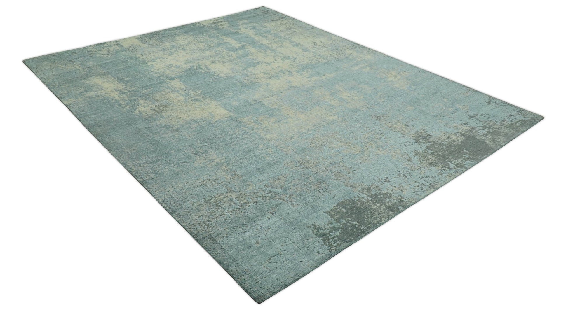 Abstract Design Blue, Beige And Gray 8x10 Hand Knotted Wool and Bamboo Silk Rug - Marsh and Manor Collective