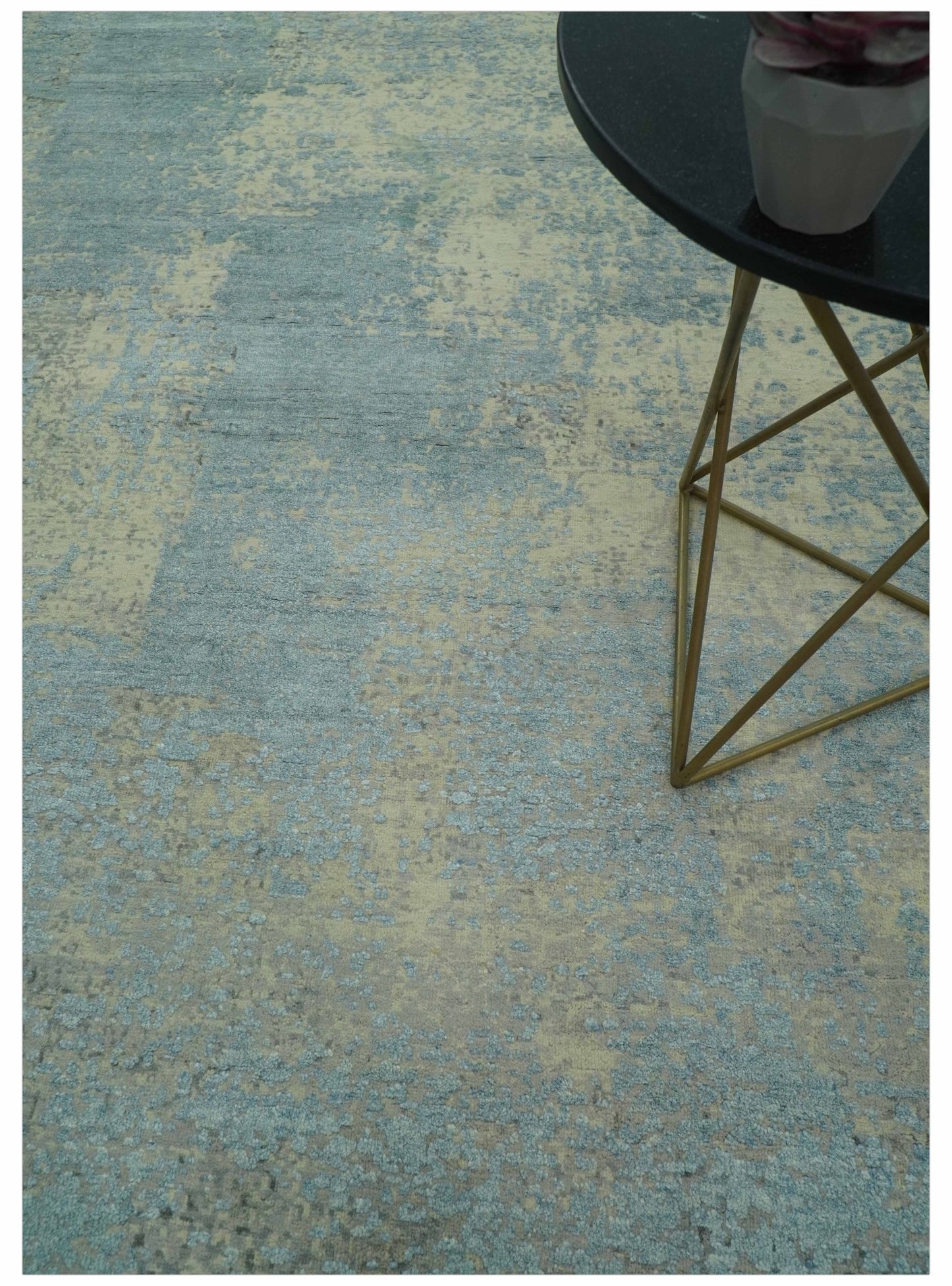 Abstract Design Blue, Beige And Gray 8x10 Hand Knotted Wool and Bamboo Silk Rug - Marsh and Manor Collective
