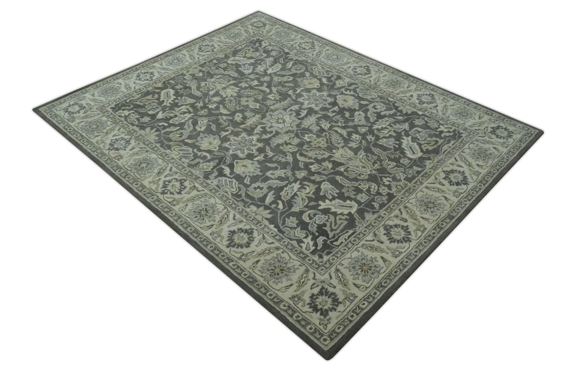 Antique Design 8x10 Charcoal and Beige Traditional Floral Hand Tufted rug - Marsh and Manor Collective
