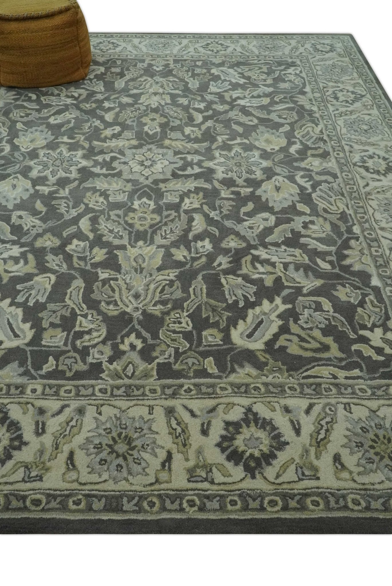 Antique Design 8x10 Charcoal and Beige Traditional Floral Hand Tufted rug - Marsh and Manor Collective