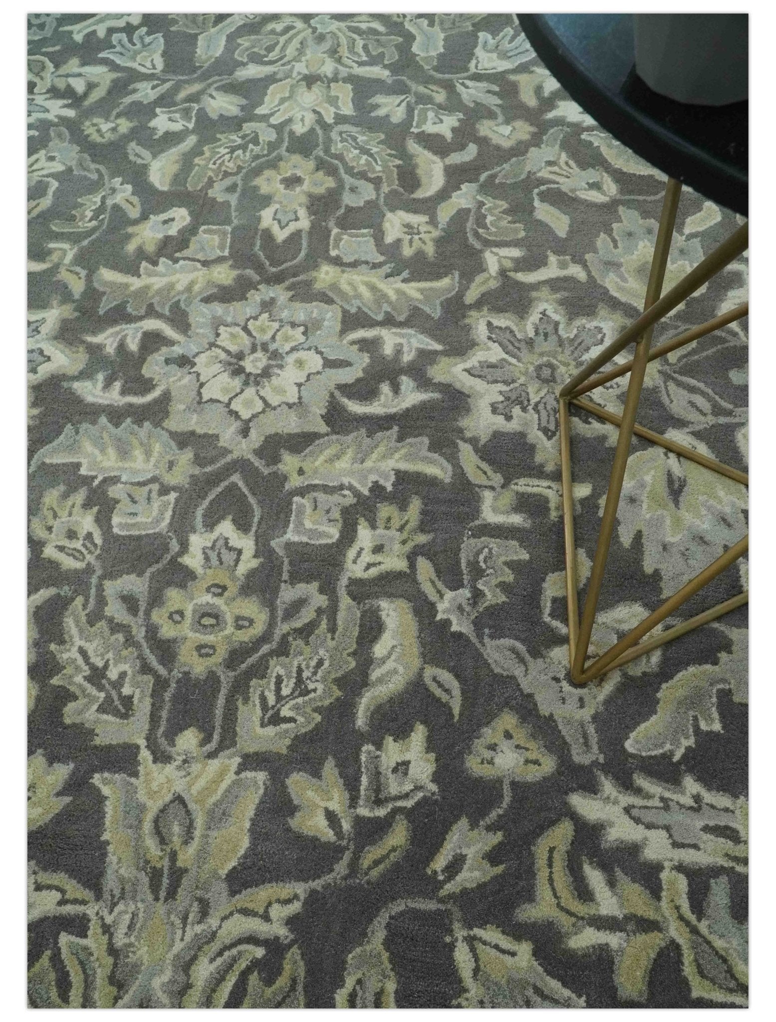 Antique Design 8x10 Charcoal and Beige Traditional Floral Hand Tufted rug - Marsh and Manor Collective