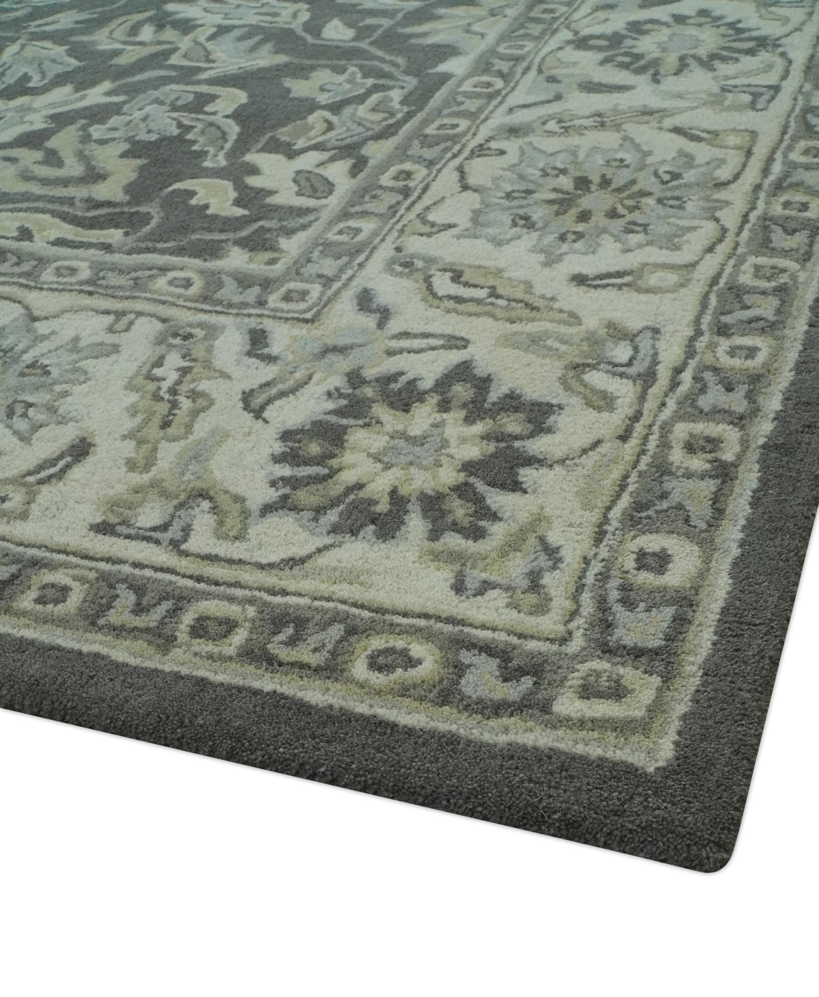 Antique Design 8x10 Charcoal and Beige Traditional Floral Hand Tufted rug - Marsh and Manor Collective