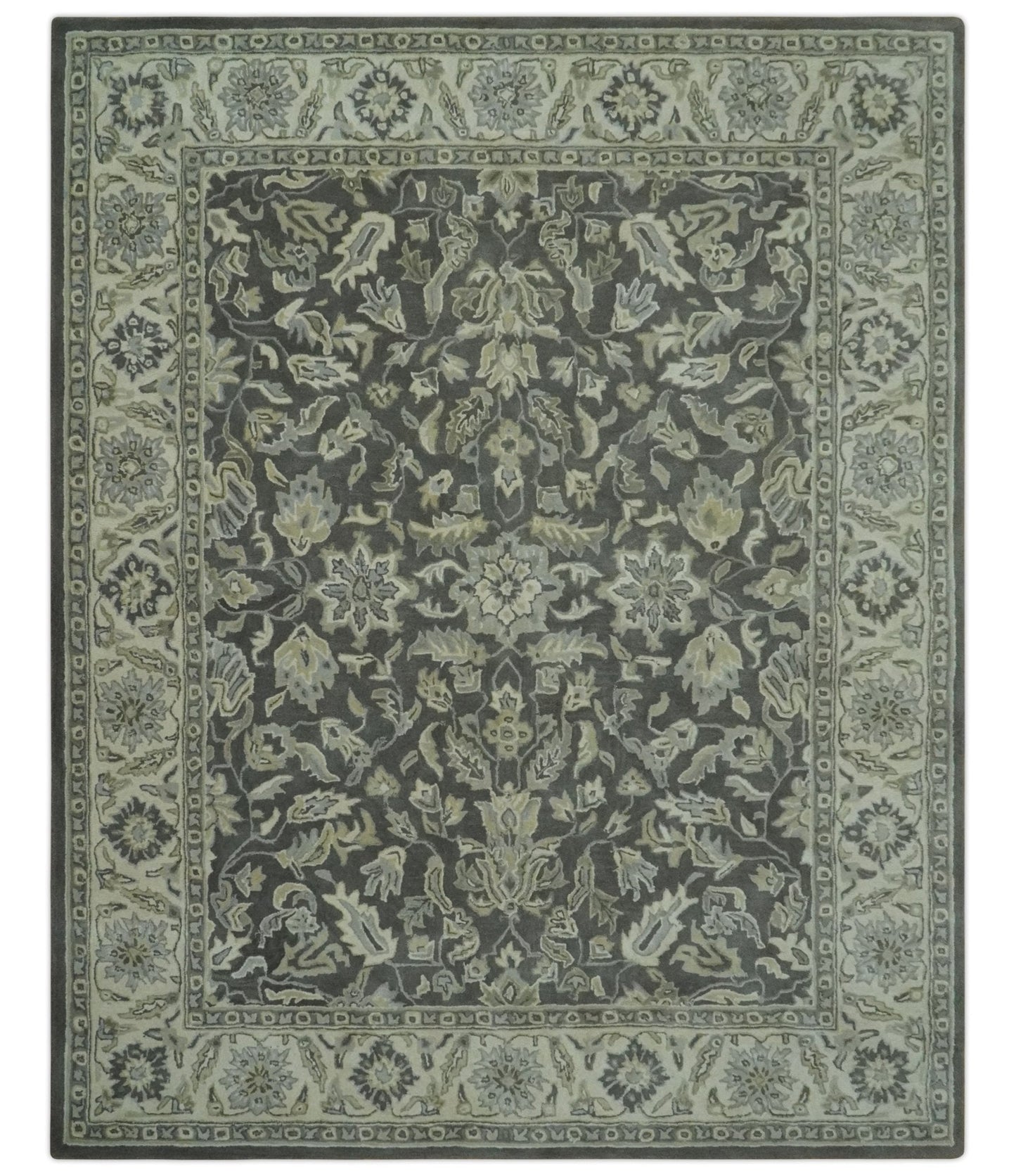 Antique Design 8x10 Charcoal and Beige Traditional Floral Hand Tufted rug - Marsh and Manor Collective