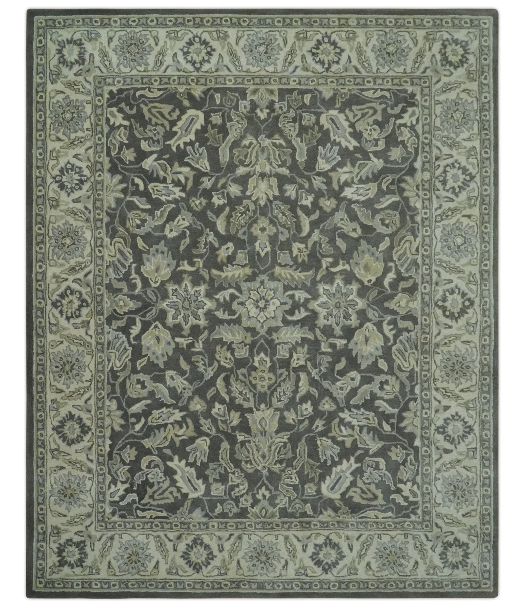 Antique Design 8x10 Charcoal and Beige Traditional Floral Hand Tufted rug - Marsh and Manor Collective