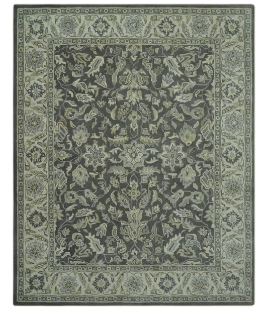 Antique Design 8x10 Charcoal and Beige Traditional Floral Hand Tufted rug - Marsh and Manor Collective