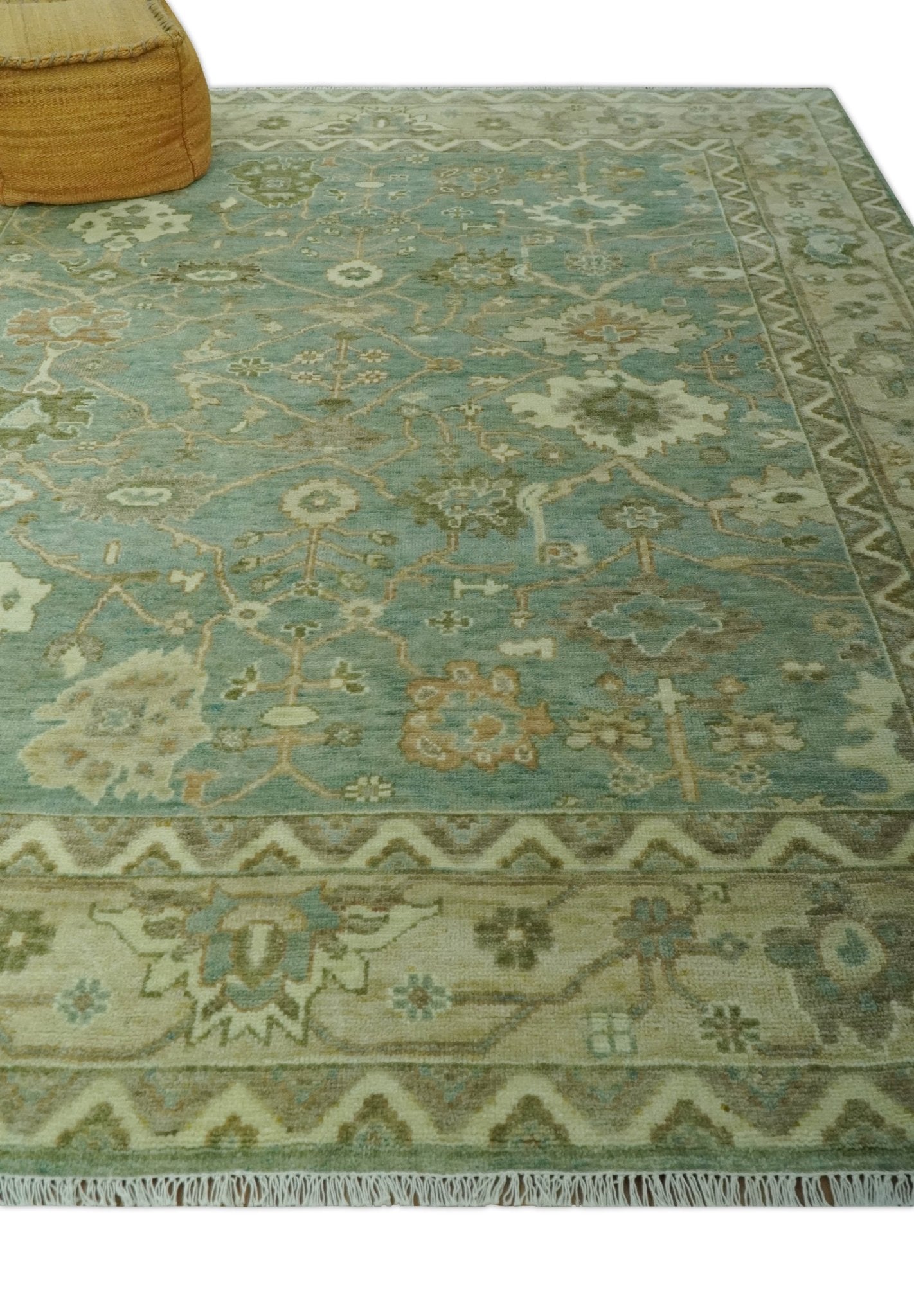 Antique design Green and Beige Traditional Oriental Oushak Custom Made wool area rug - Marsh and Manor Collective