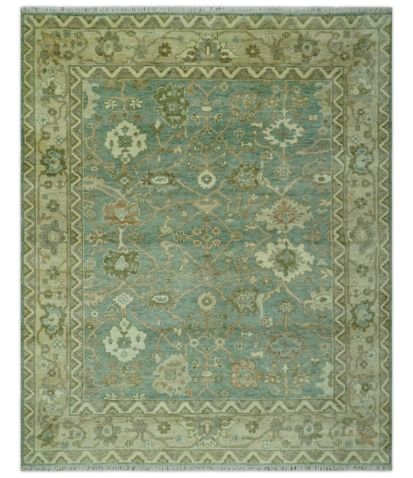 Antique design Green and Beige Traditional Oriental Oushak Custom Made wool area rug - Marsh and Manor Collective