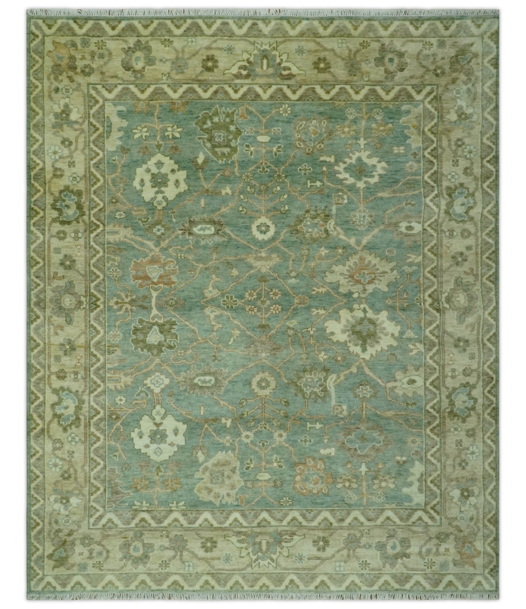 Antique design Green and Beige Traditional Oriental Oushak Custom Made wool area rug - Marsh and Manor Collective