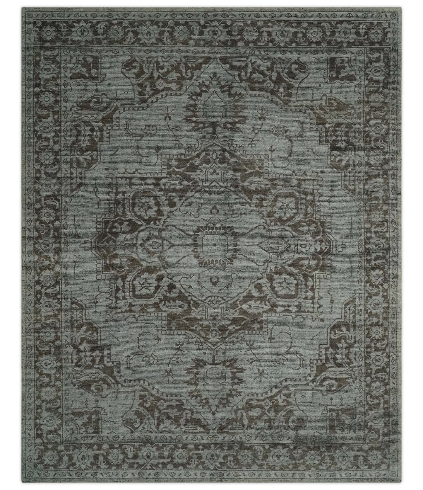 Antique Design Traditional Heriz Medallion Silver, Charcoal and Brown Hand Knotted 8x10 wool area Rug - Marsh and Manor Collective
