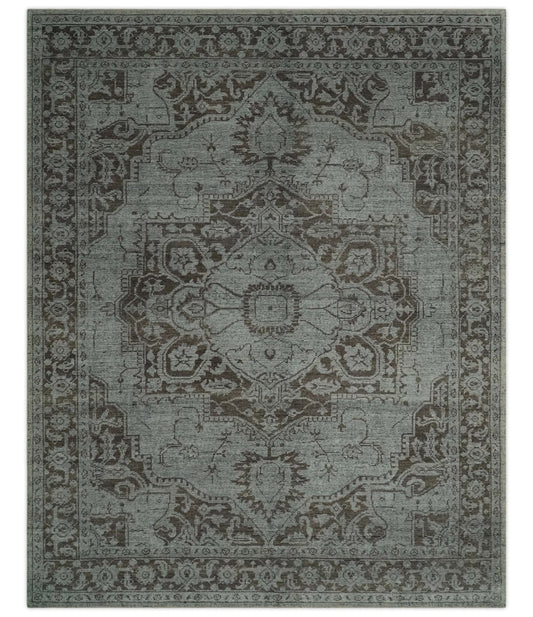Antique Design Traditional Heriz Medallion Silver, Charcoal and Brown Hand Knotted 8x10 wool area Rug - Marsh and Manor Collective