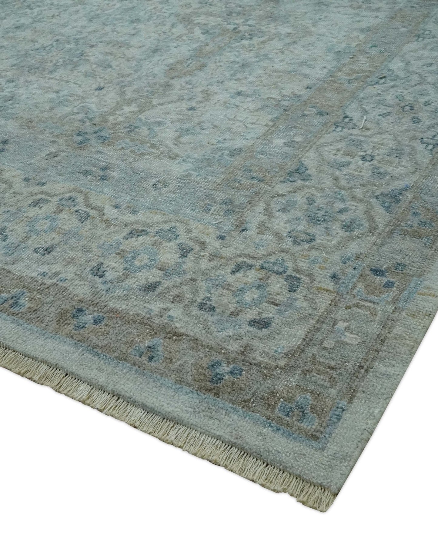 Antique Distress finish Silver, Teal and Brown Hand Knotted Traditional 8x10 wool Rug - Marsh and Manor Collective