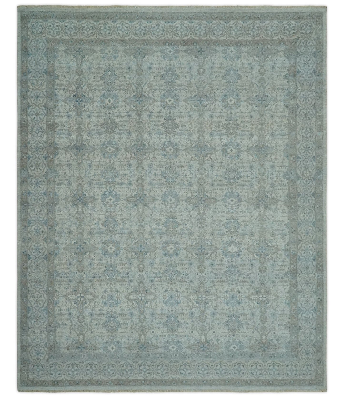 Antique Distress finish Silver, Teal and Brown Hand Knotted Traditional 8x10 wool Rug - Marsh and Manor Collective