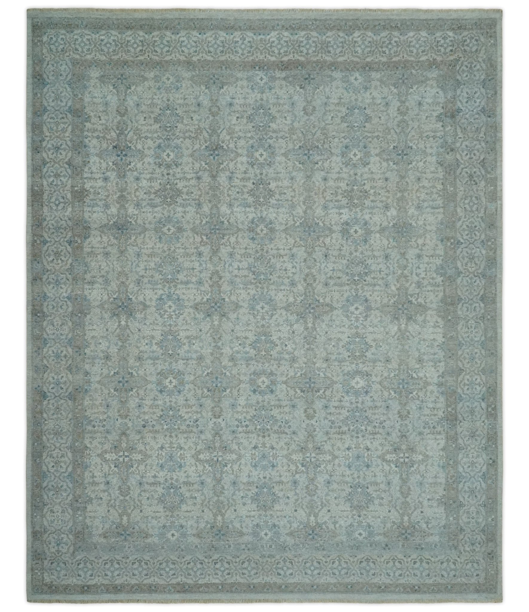 Antique Distress finish Silver, Teal and Brown Hand Knotted Traditional 8x10 wool Rug - Marsh and Manor Collective