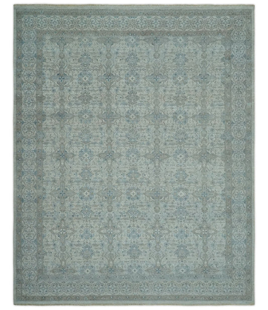 Antique Distress finish Silver, Teal and Brown Hand Knotted Traditional 8x10 wool Rug - Marsh and Manor Collective