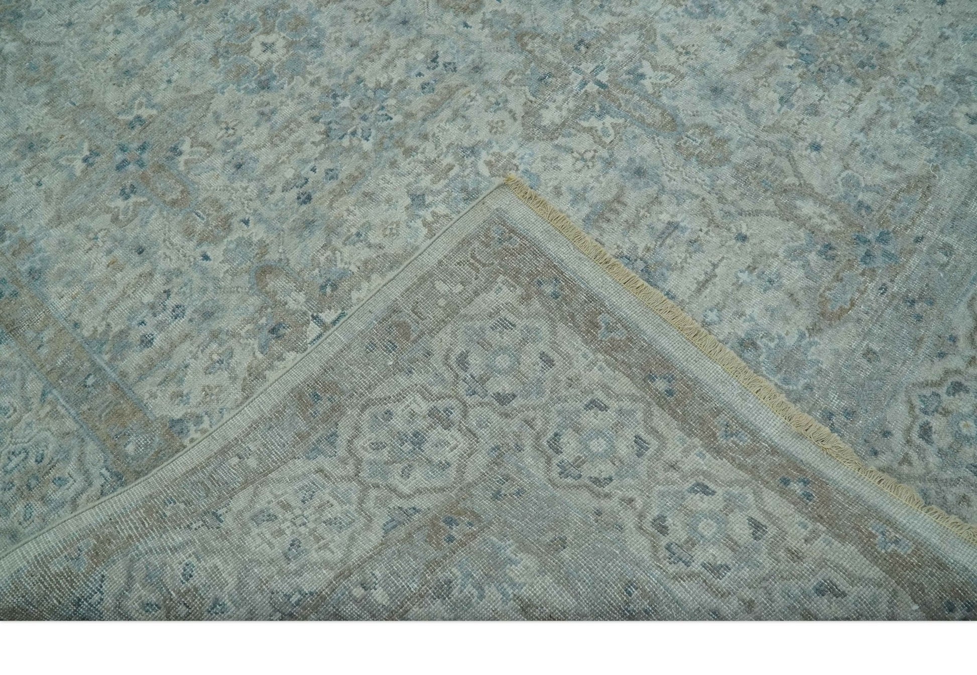 Antique Distress finish Silver, Teal and Brown Hand Knotted Traditional 8x10 wool Rug - Marsh and Manor Collective