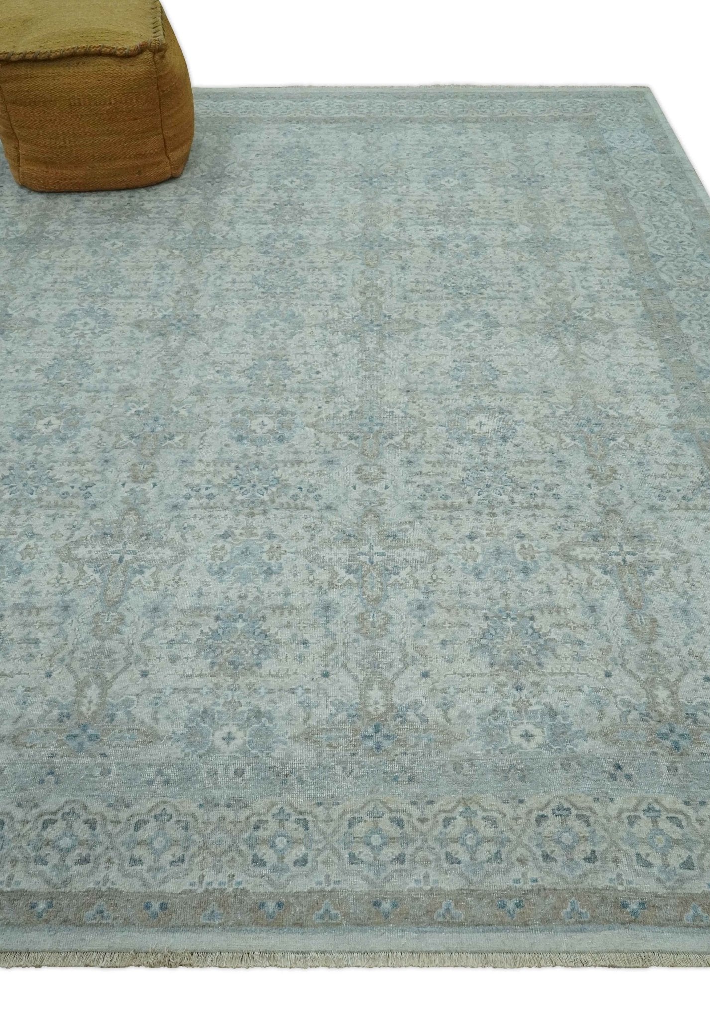 Antique Distress finish Silver, Teal and Brown Hand Knotted Traditional 8x10 wool Rug - Marsh and Manor Collective