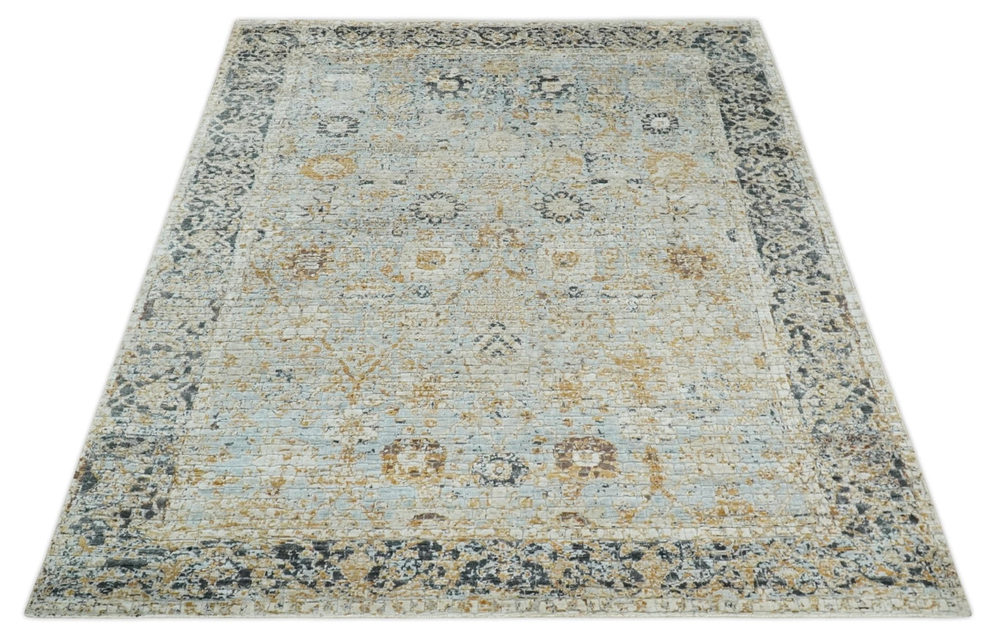 Antique look Aqua, Gold and Charcoal Hand Knotted Carved Texture Traditional Oriental Oushak 8x10 wool Area Rug - Marsh and Manor Collective