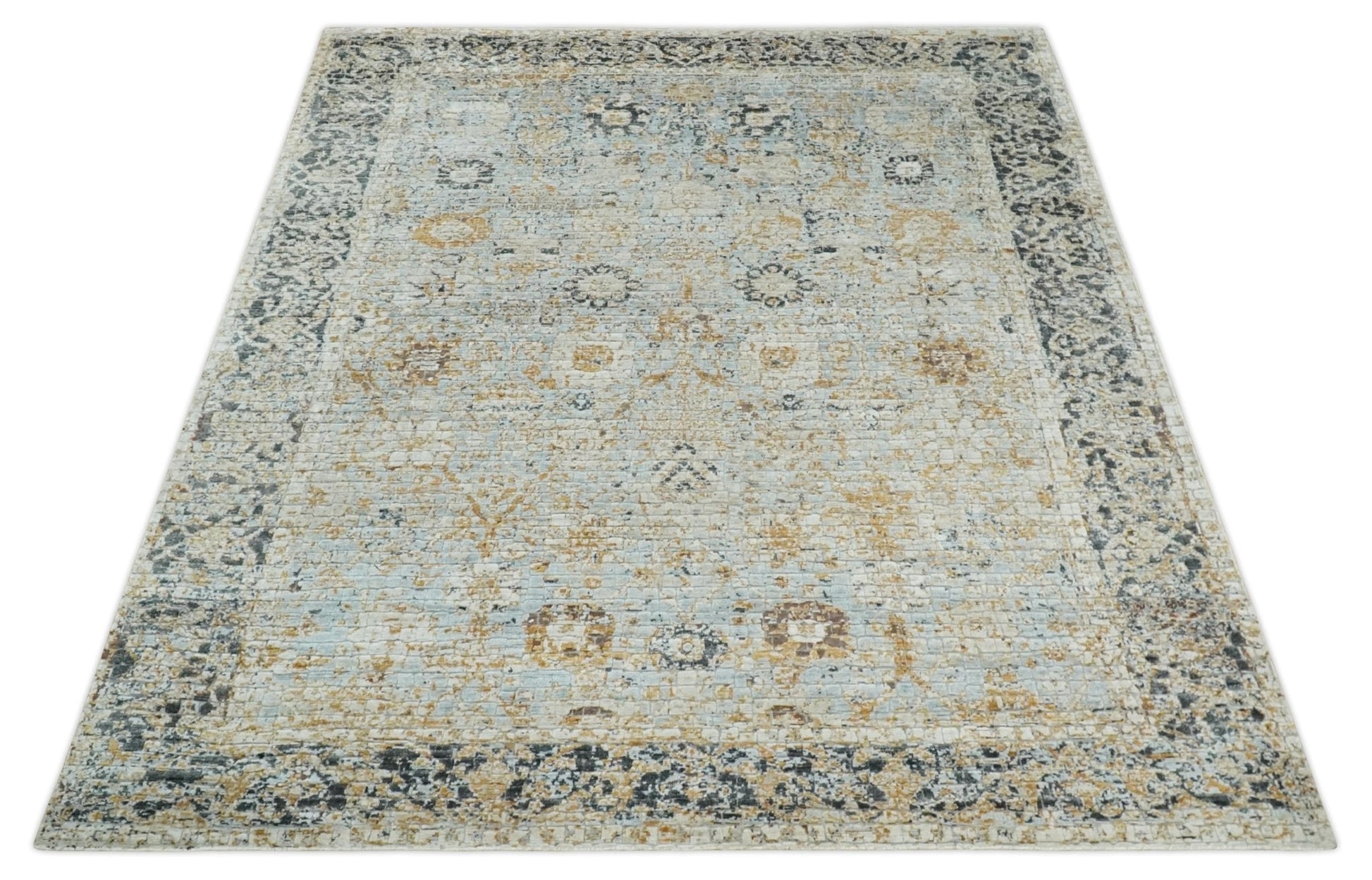 Antique look Aqua, Gold and Charcoal Hand Knotted Carved Texture Traditional Oriental Oushak 8x10 wool Area Rug - Marsh and Manor Collective