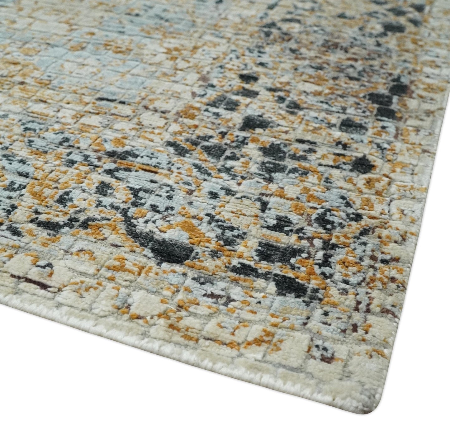 Antique look Aqua, Gold and Charcoal Hand Knotted Carved Texture Traditional Oriental Oushak 8x10 wool Area Rug - Marsh and Manor Collective