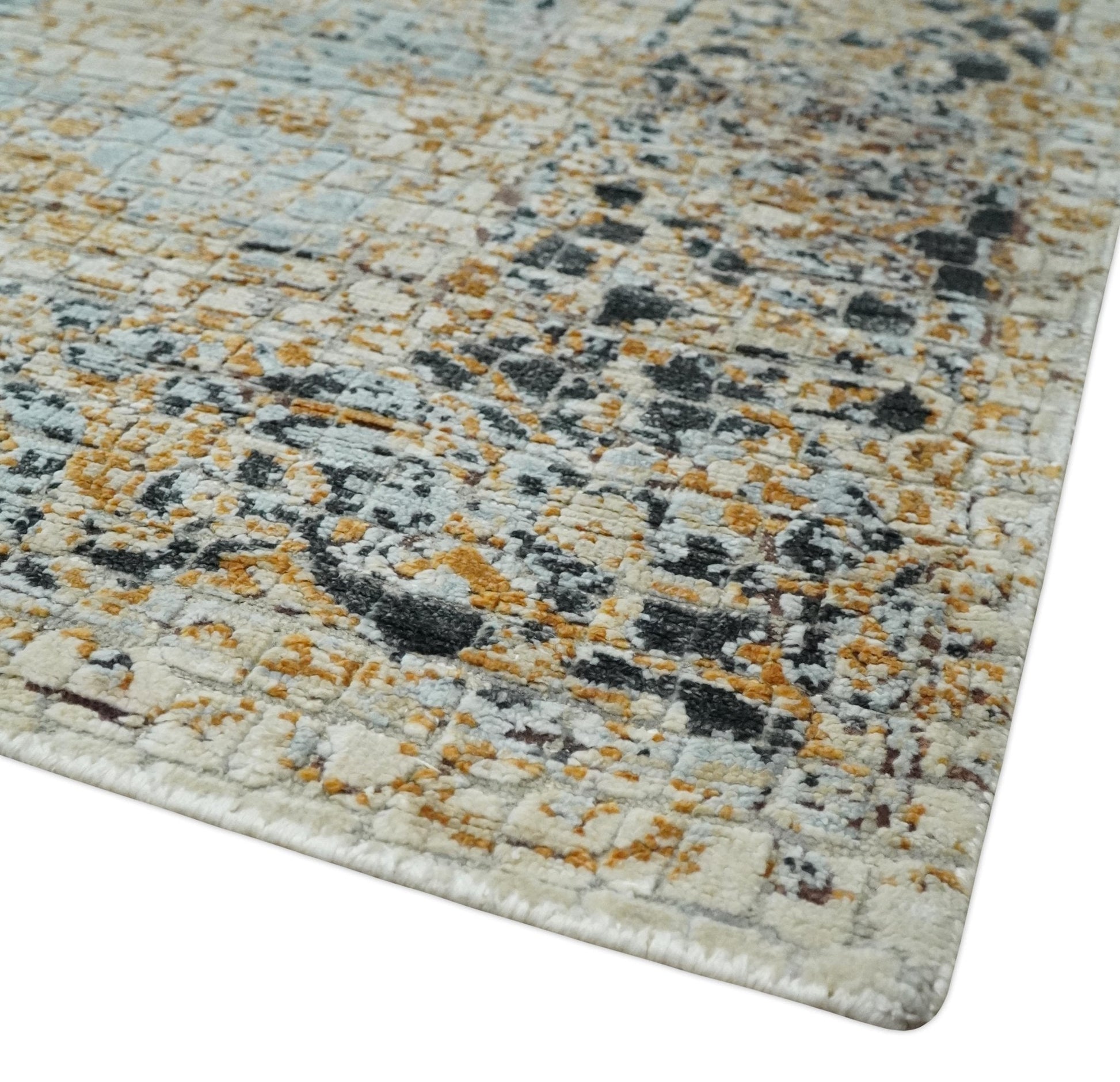 Antique look Aqua, Gold and Charcoal Hand Knotted Carved Texture Traditional Oriental Oushak 8x10 wool Area Rug - Marsh and Manor Collective