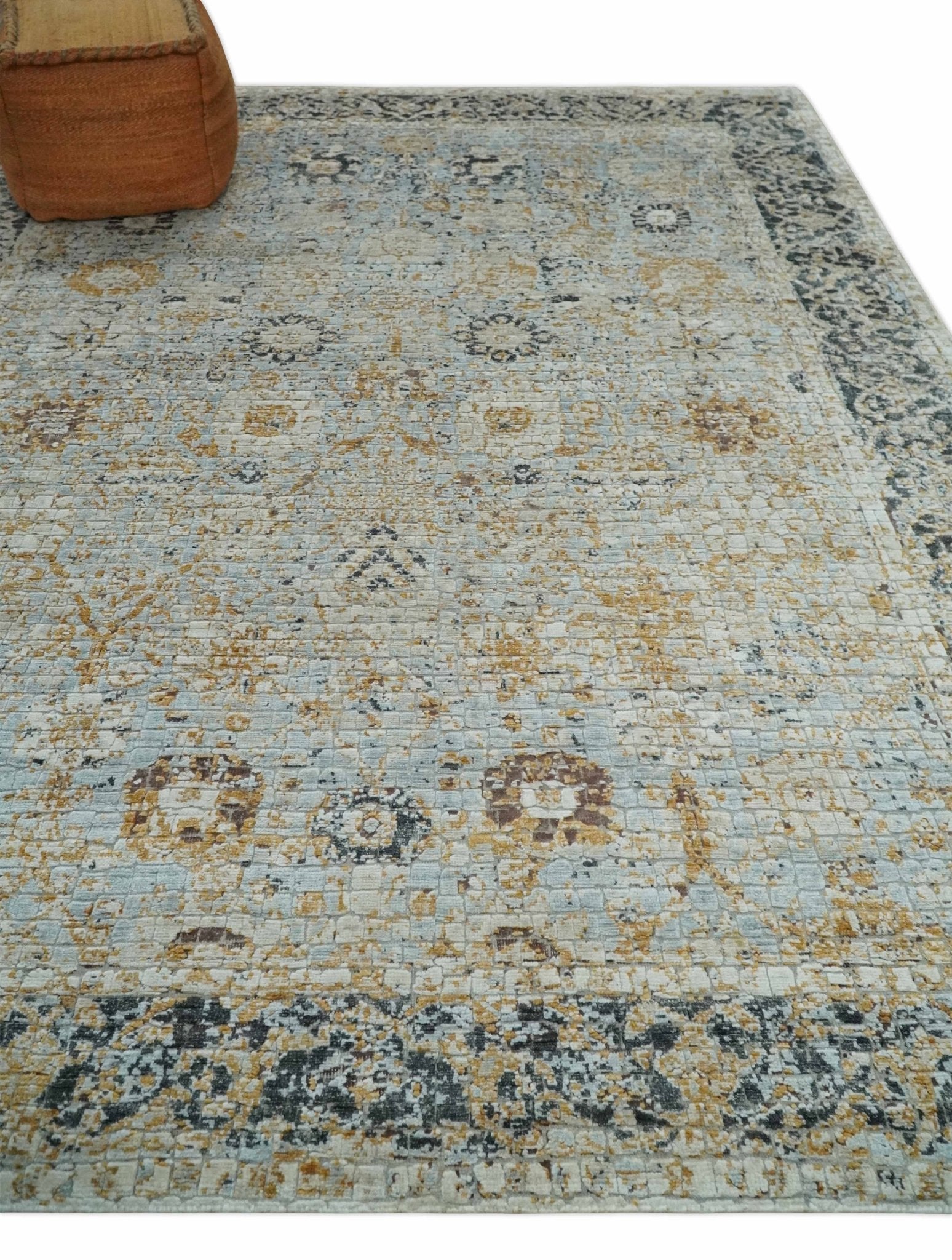 Antique look Aqua, Gold and Charcoal Hand Knotted Carved Texture Traditional Oriental Oushak 8x10 wool Area Rug - Marsh and Manor Collective