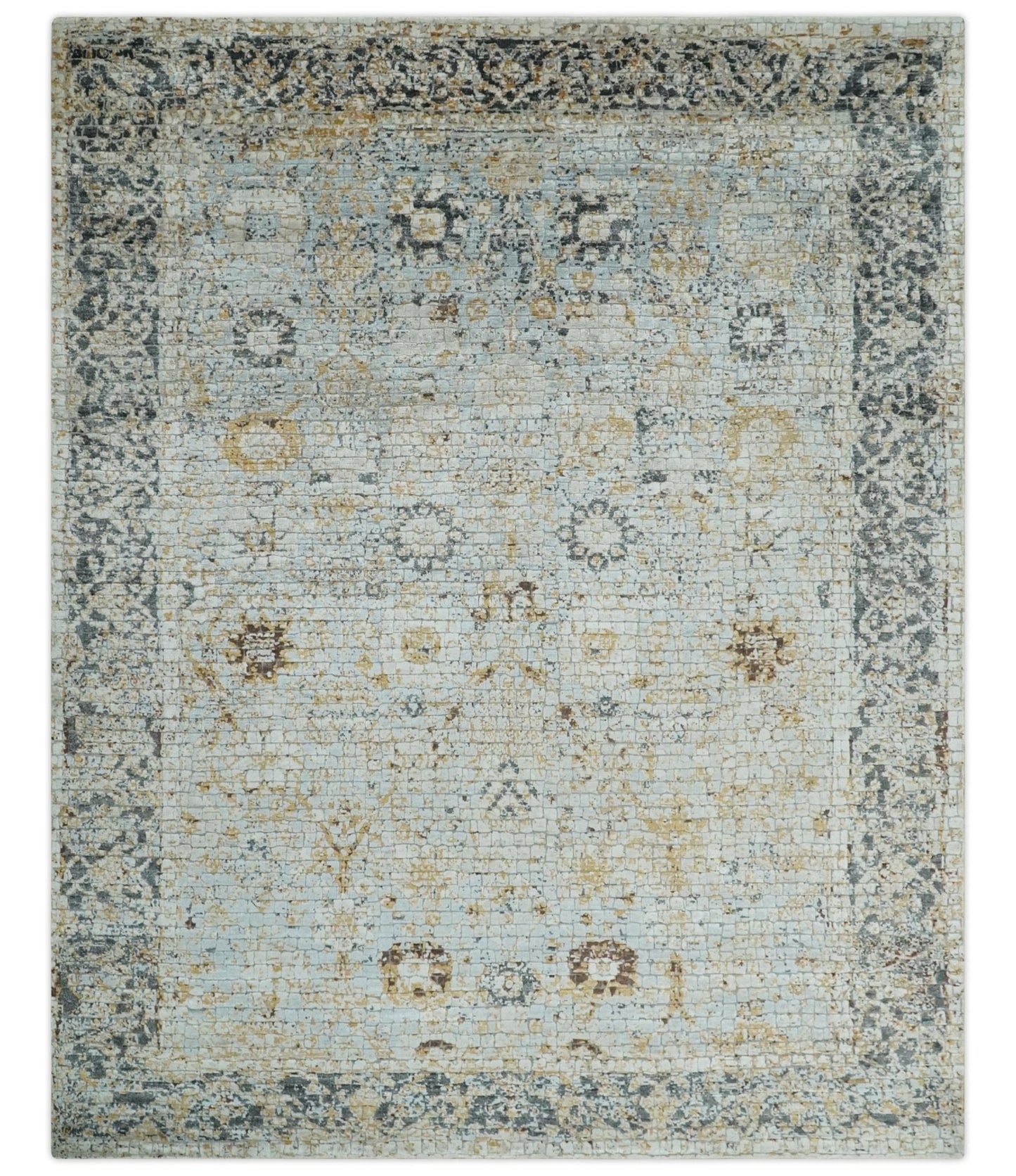 Antique look Aqua, Gold and Charcoal Hand Knotted Carved Texture Traditional Oriental Oushak 8x10 wool Area Rug - Marsh and Manor Collective