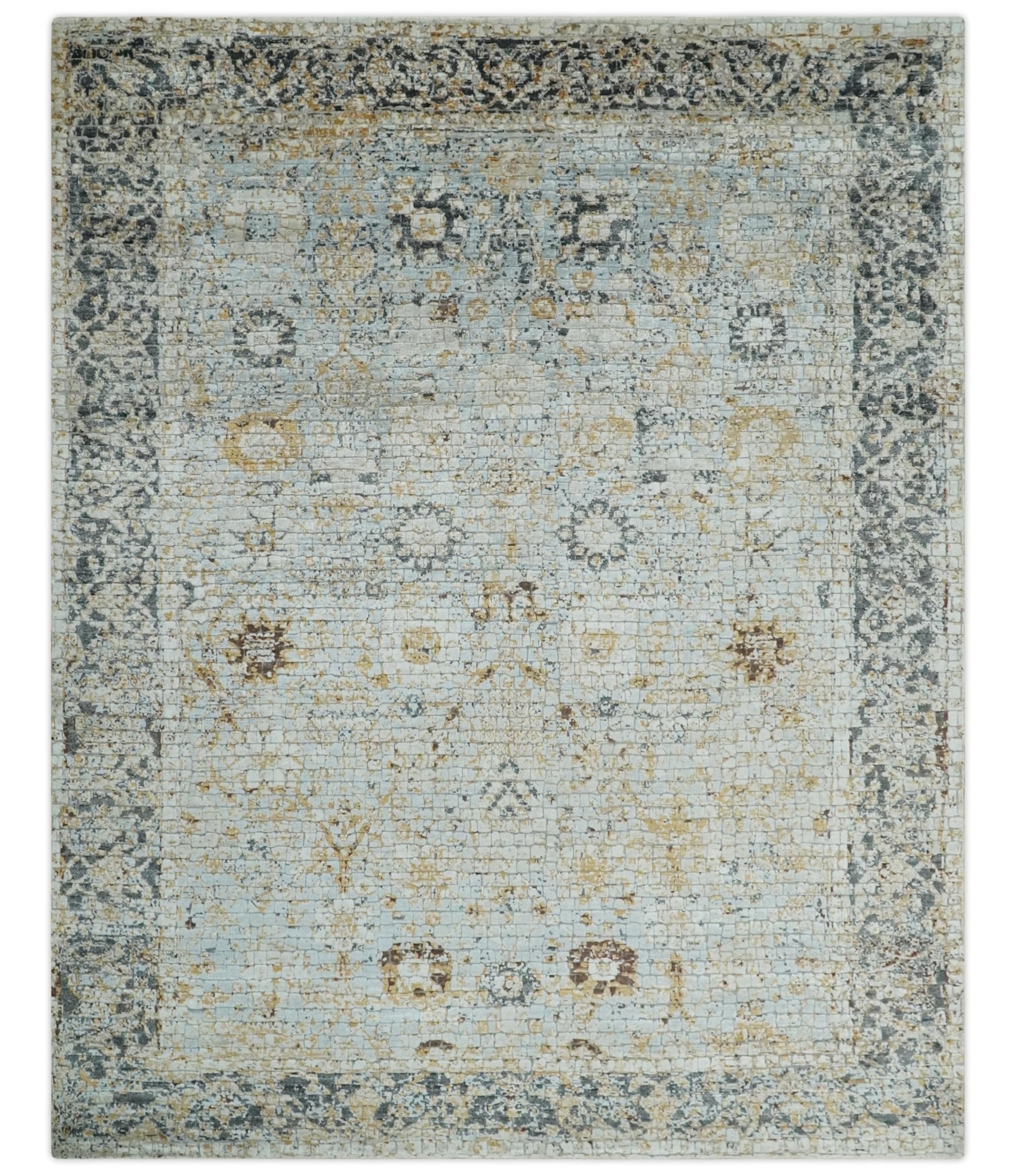 Antique look Aqua, Gold and Charcoal Hand Knotted Carved Texture Traditional Oriental Oushak 8x10 wool Area Rug - Marsh and Manor Collective
