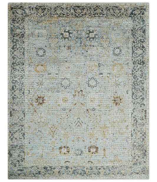 Antique look Aqua, Gold and Charcoal Hand Knotted Carved Texture Traditional Oriental Oushak 8x10 wool Area Rug - Marsh and Manor Collective