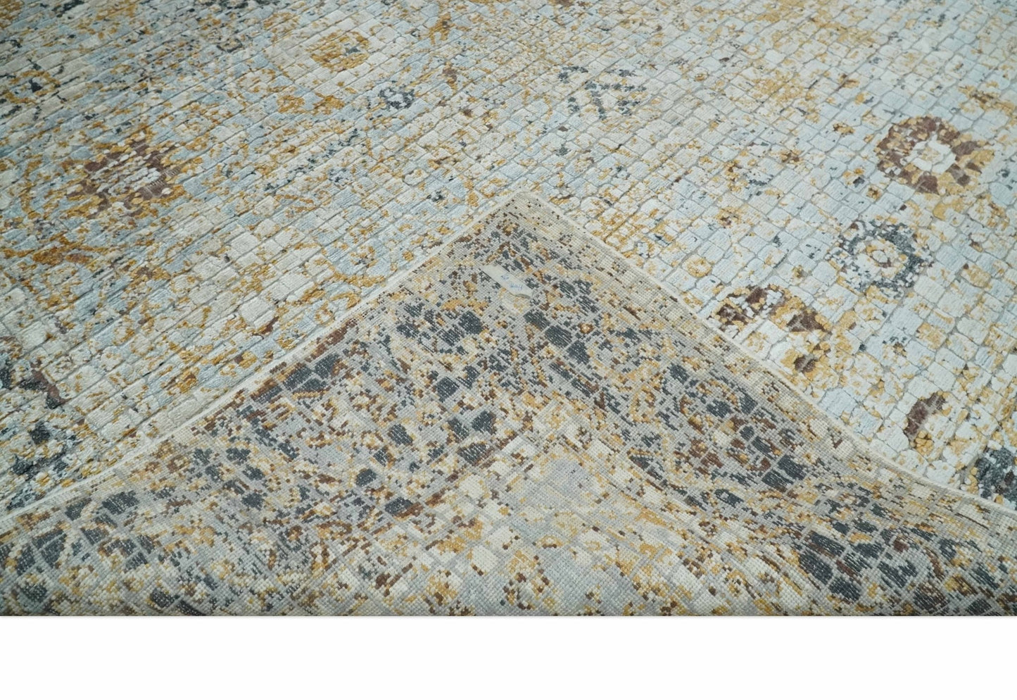 Antique look Aqua, Gold and Charcoal Hand Knotted Carved Texture Traditional Oriental Oushak 8x10 wool Area Rug - Marsh and Manor Collective