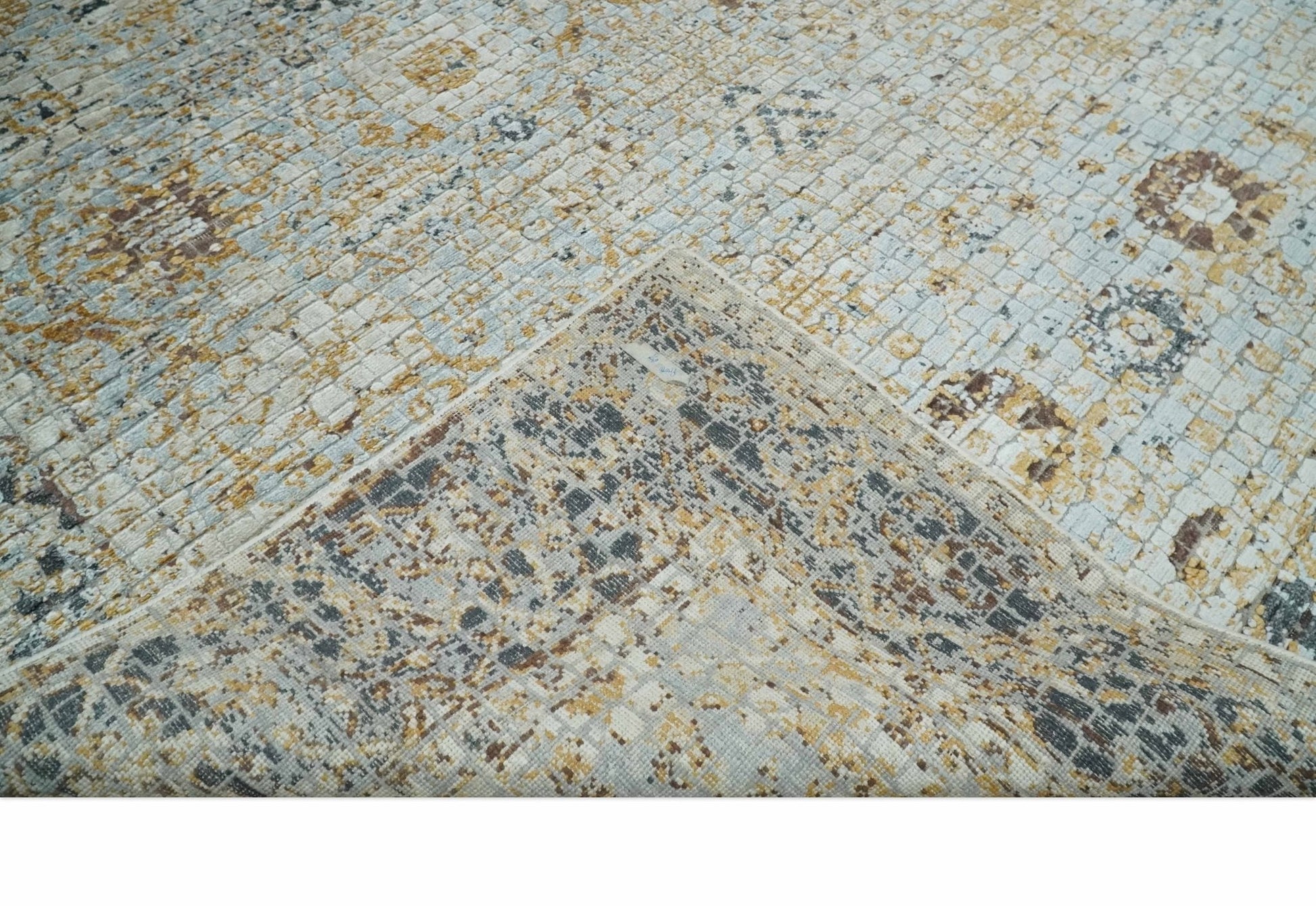 Antique look Aqua, Gold and Charcoal Hand Knotted Carved Texture Traditional Oriental Oushak 8x10 wool Area Rug - Marsh and Manor Collective