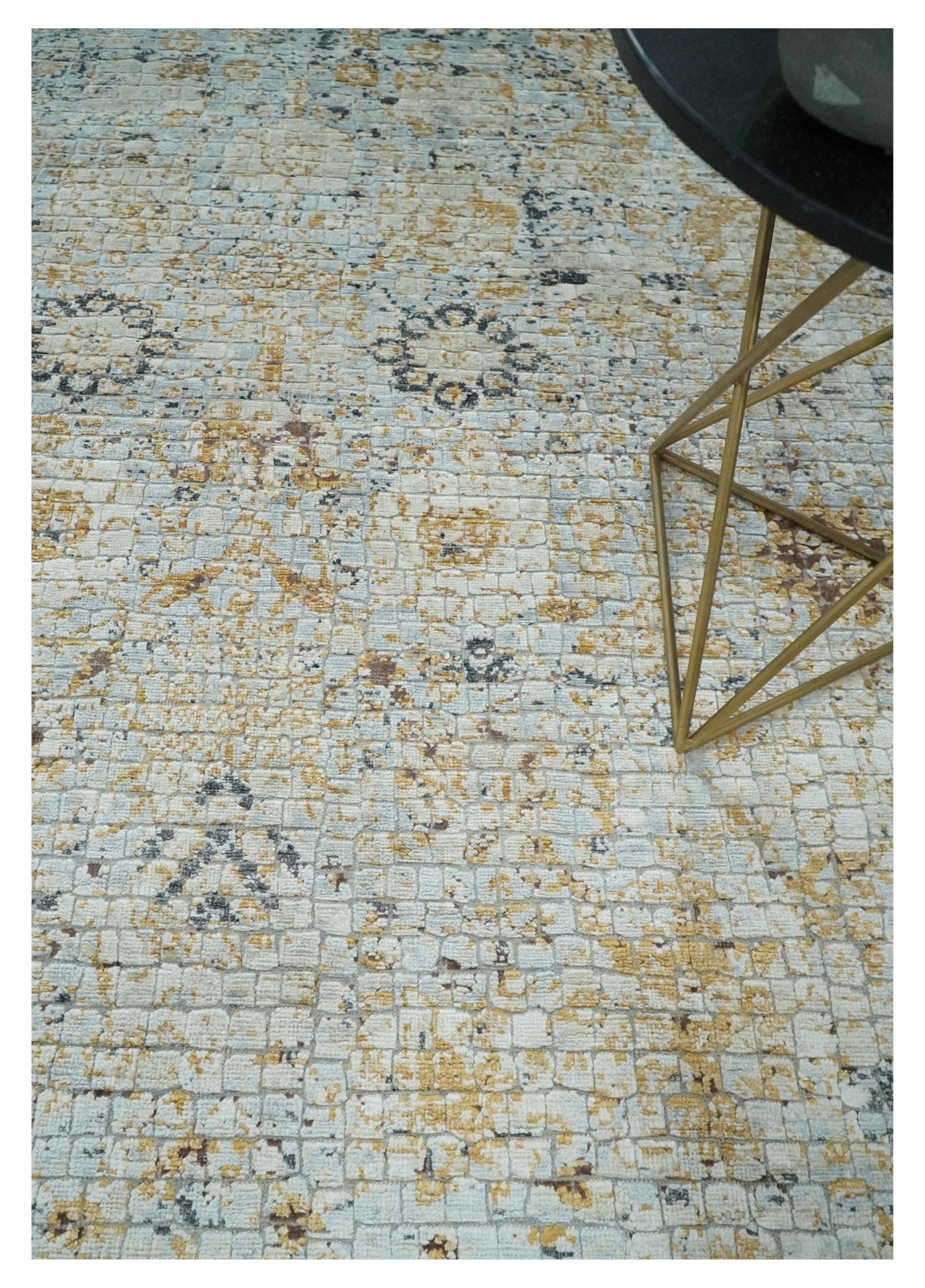 Antique look Aqua, Gold and Charcoal Hand Knotted Carved Texture Traditional Oriental Oushak 8x10 wool Area Rug - Marsh and Manor Collective
