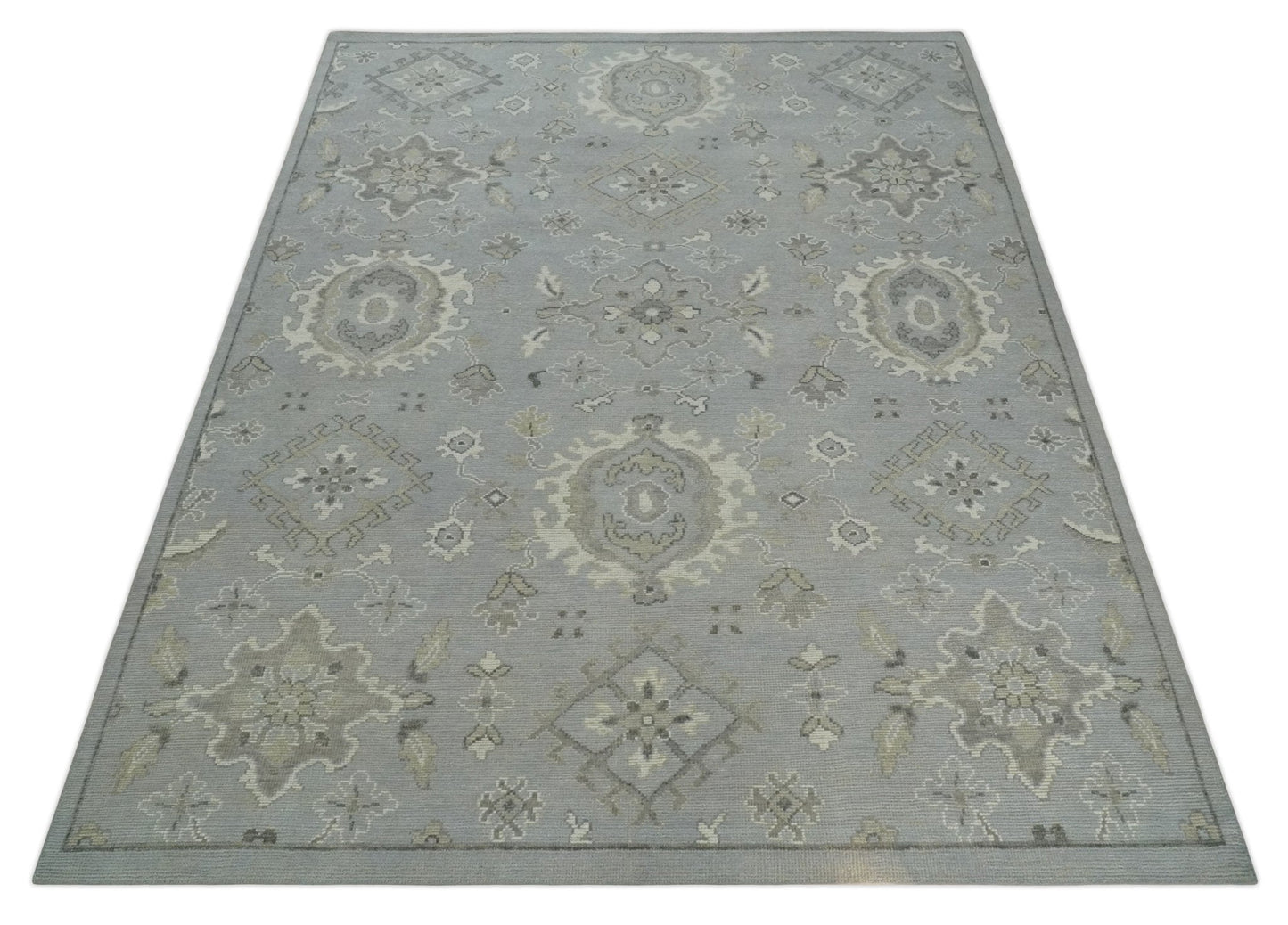 Antique Muted Silver Rug 8x11 Hand Knotted Turkish Silver, Beige and Brown Traditional Antique Persian Low Pile Area Rug - Marsh and Manor Collective