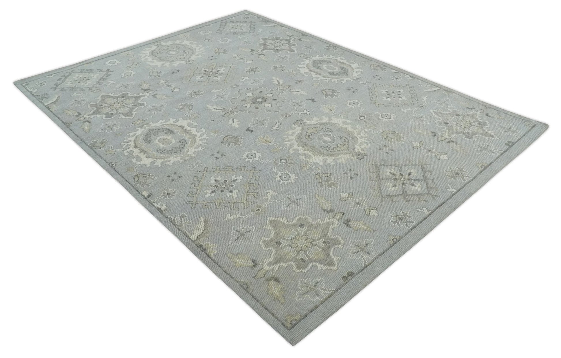 Antique Muted Silver Rug 8x11 Hand Knotted Turkish Silver, Beige and Brown Traditional Antique Persian Low Pile Area Rug - Marsh and Manor Collective