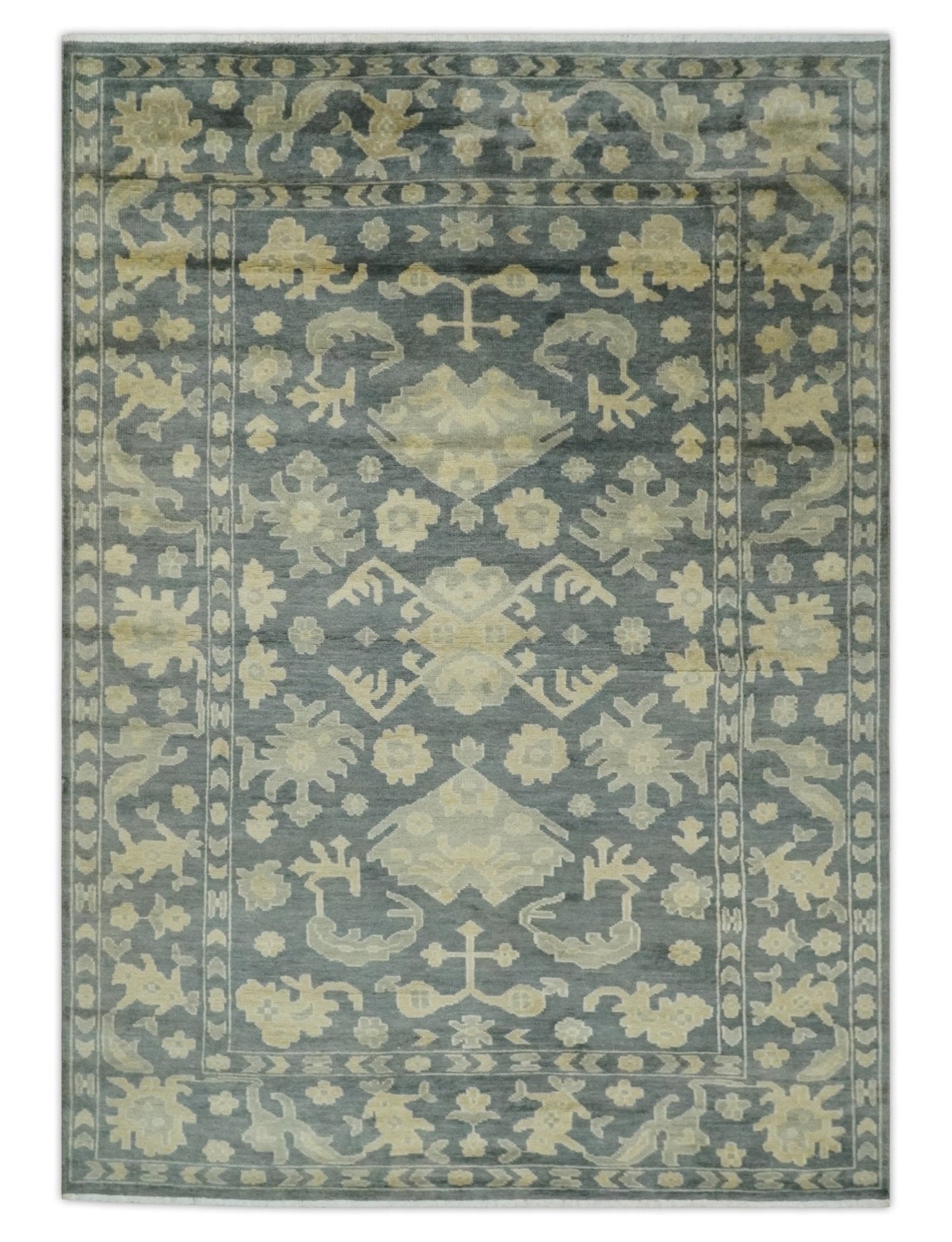 Antique Style 6x9 Hand Knotted Beige and Charcoal Traditional Wool Rug | N35669 - Marsh and Manor Collective