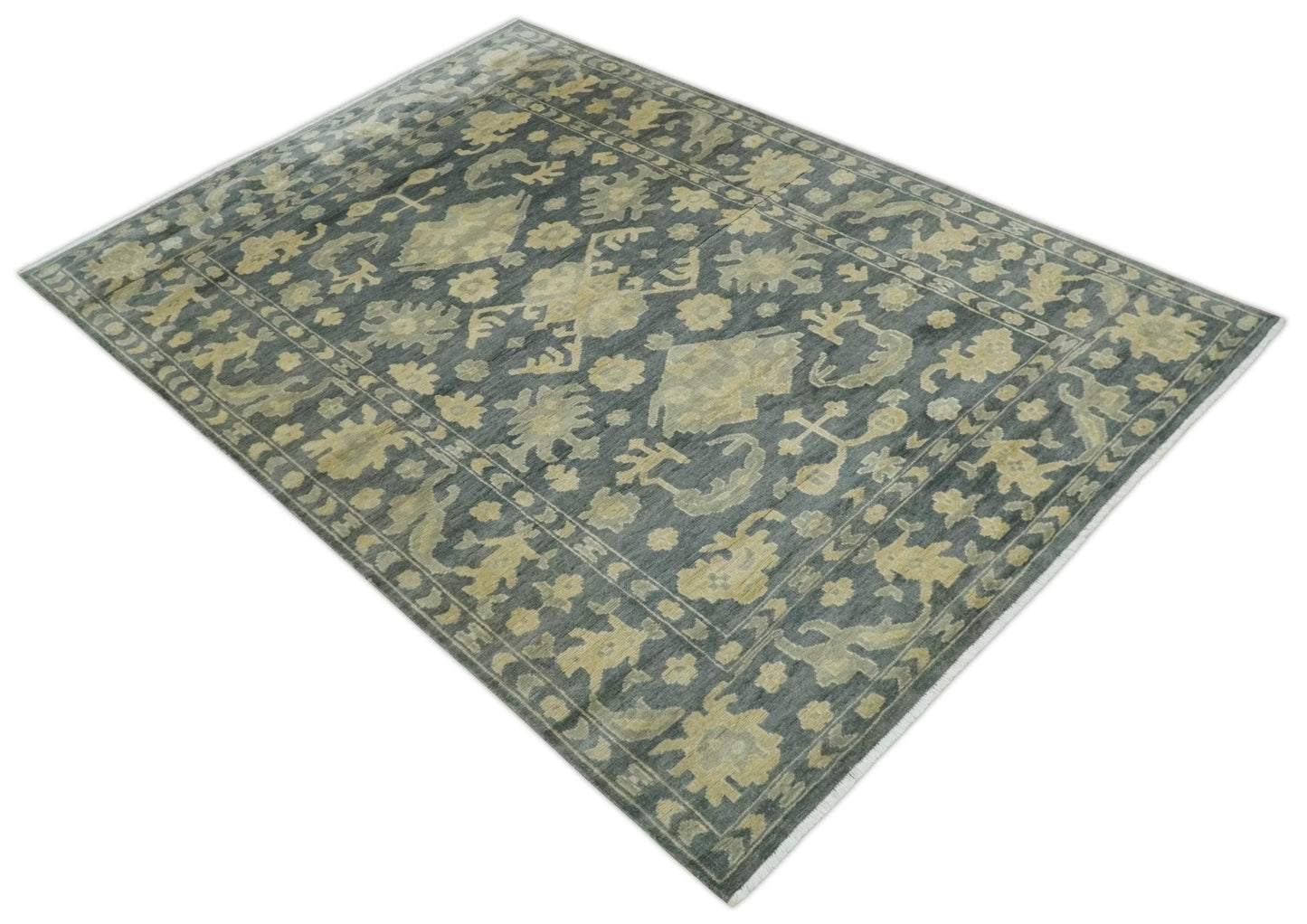 Antique Style 6x9 Hand Knotted Beige and Charcoal Traditional Wool Rug | N35669 - Marsh and Manor Collective