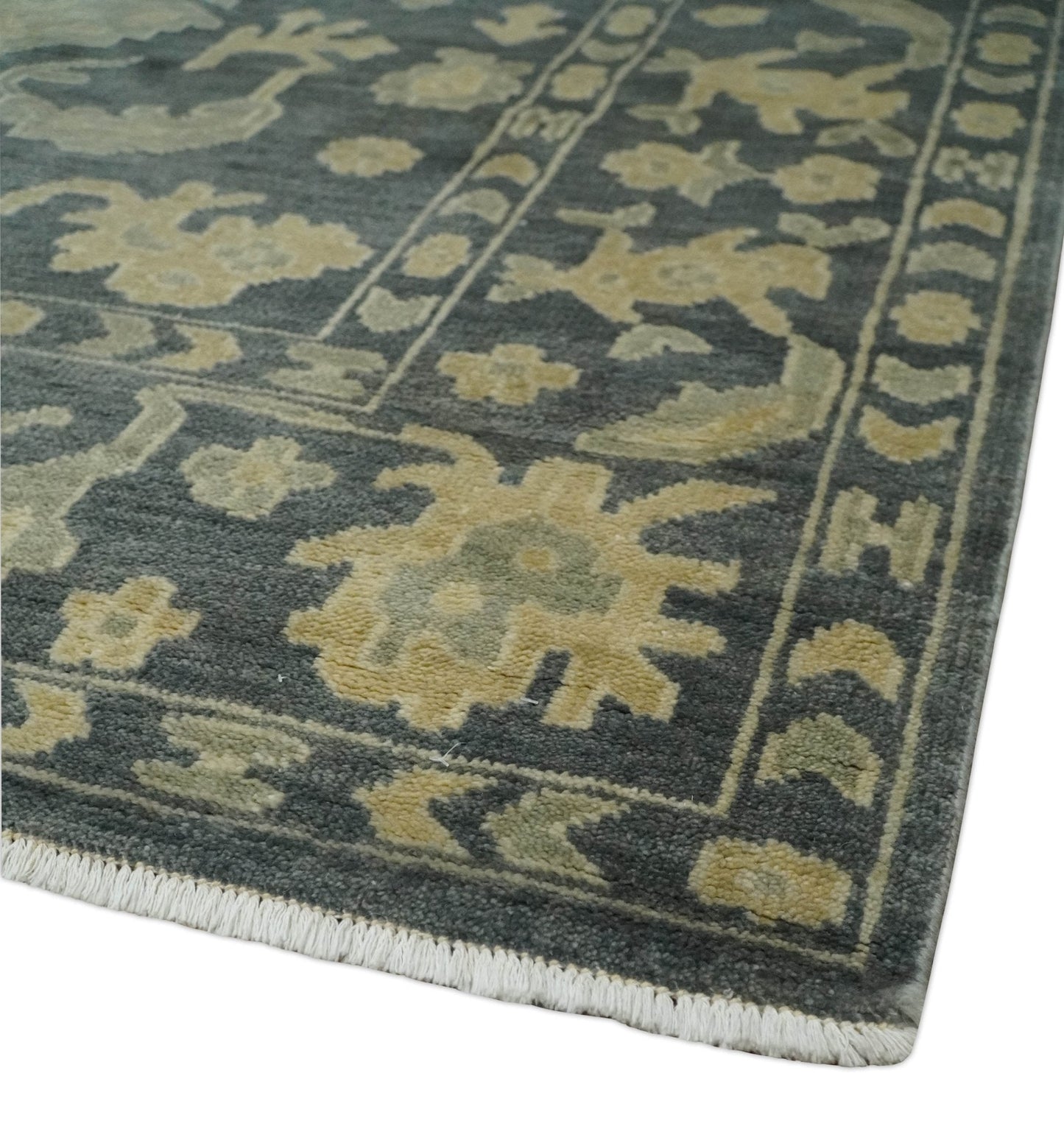 Antique Style 6x9 Hand Knotted Beige and Charcoal Traditional Wool Rug | N35669 - Marsh and Manor Collective