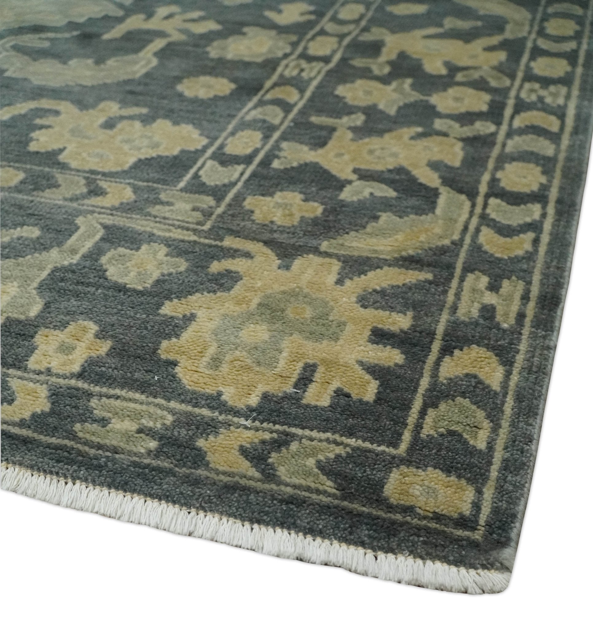 Antique Style 6x9 Hand Knotted Beige and Charcoal Traditional Wool Rug | N35669 - Marsh and Manor Collective