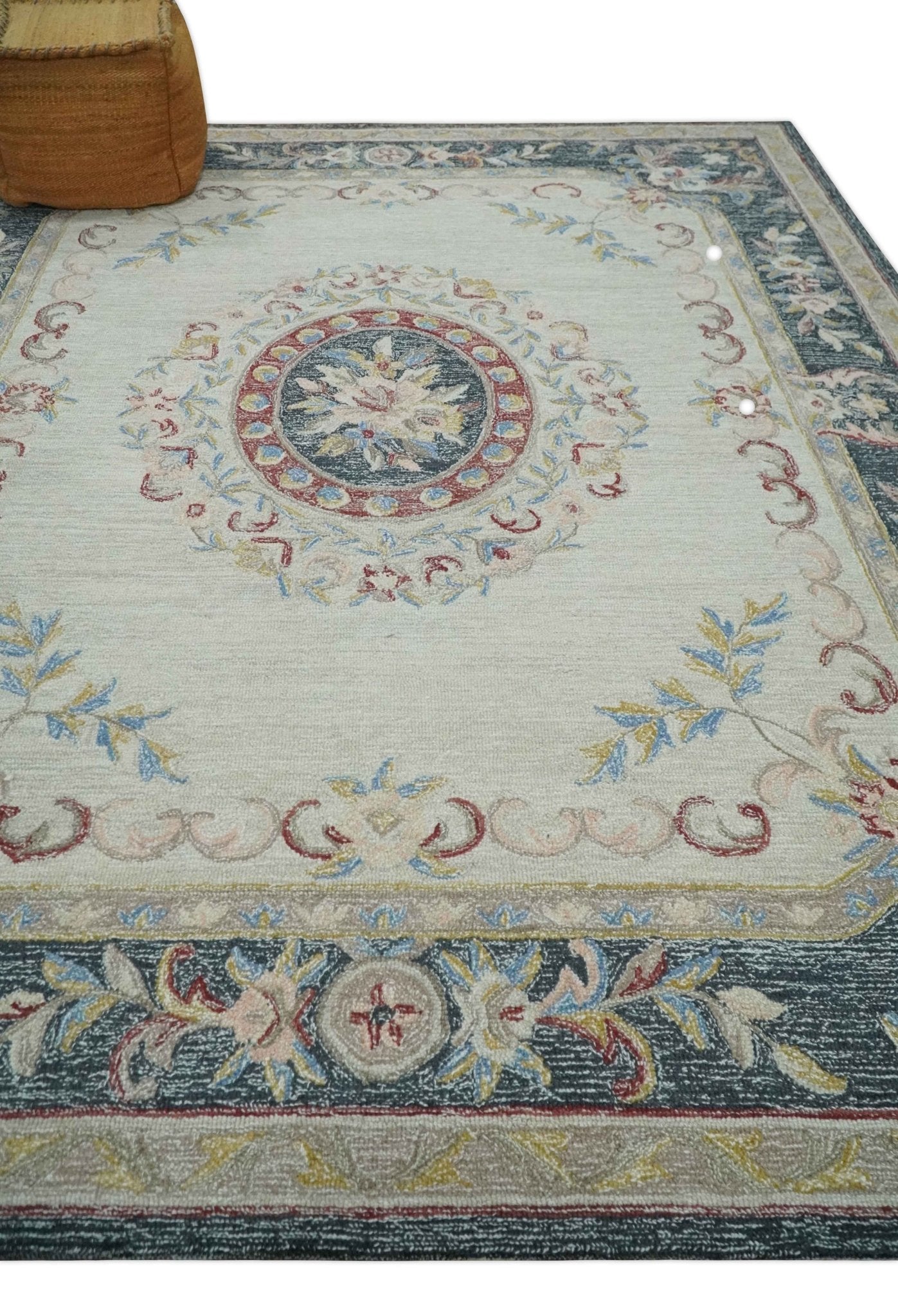 Antique Style Beige and Charcoal Aubusson design Hand Tufted 8x10 wool Area Rug - Marsh and Manor Collective
