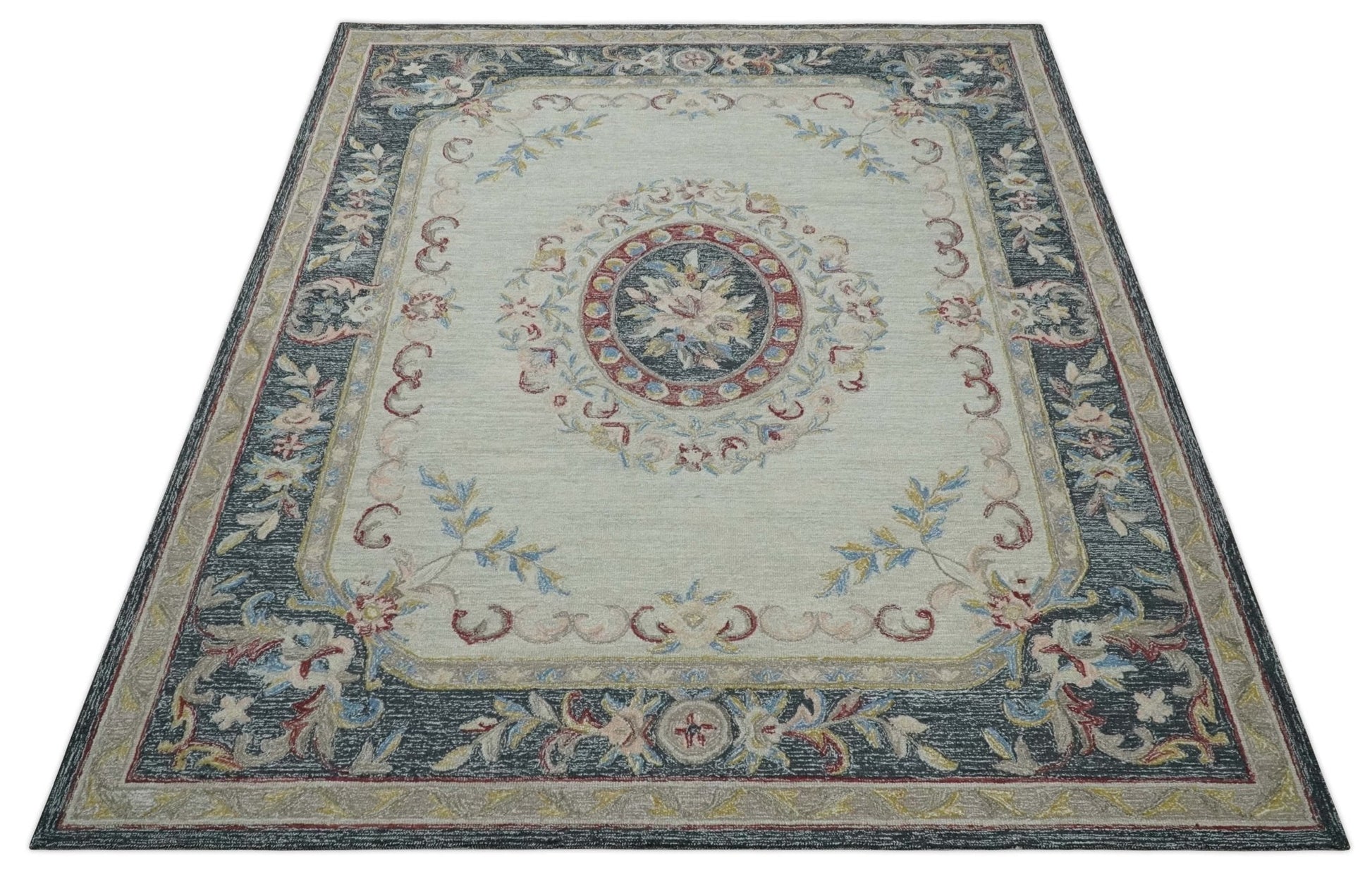 Antique Style Beige and Charcoal Aubusson design Hand Tufted 8x10 wool Area Rug - Marsh and Manor Collective