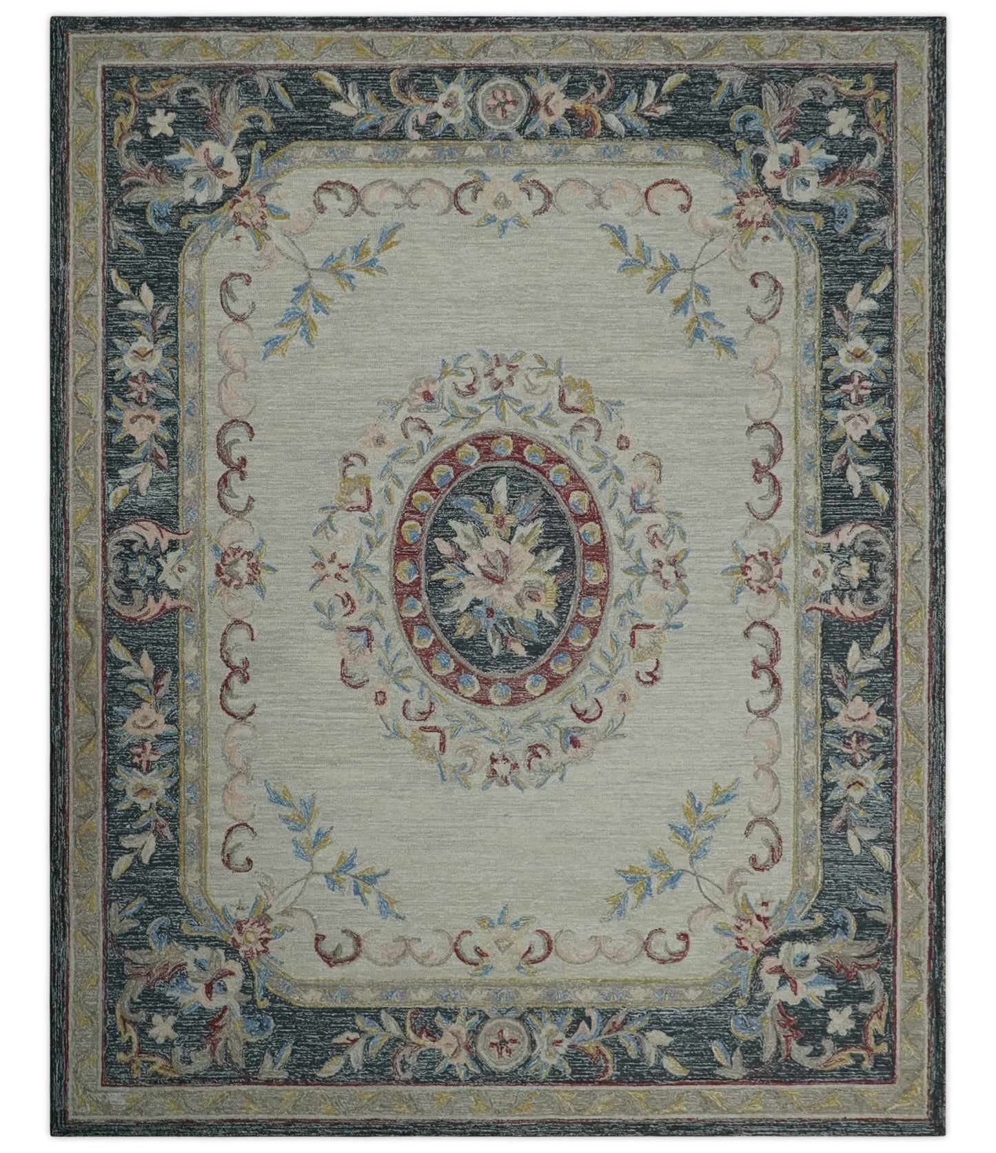 Antique Style Beige and Charcoal Aubusson design Hand Tufted 8x10 wool Area Rug - Marsh and Manor Collective