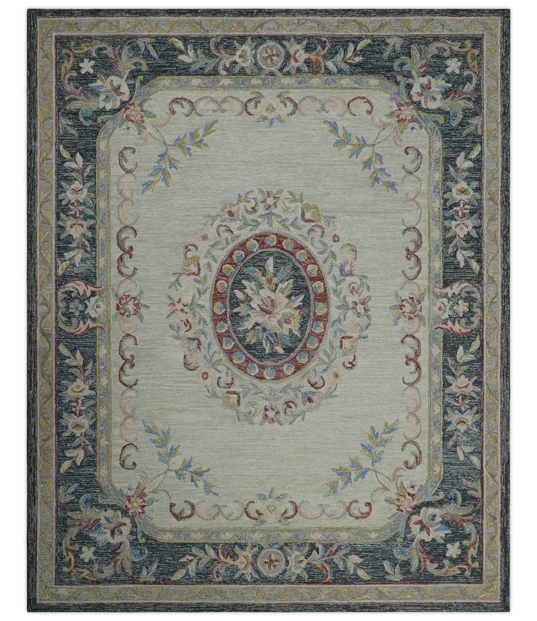 Antique Style Beige and Charcoal Aubusson design Hand Tufted 8x10 wool Area Rug - Marsh and Manor Collective