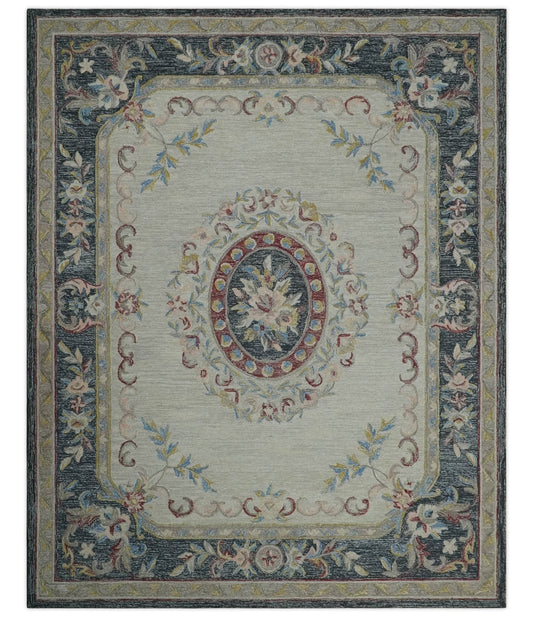 Antique Style Beige and Charcoal Aubusson design Hand Tufted 8x10 wool Area Rug - Marsh and Manor Collective