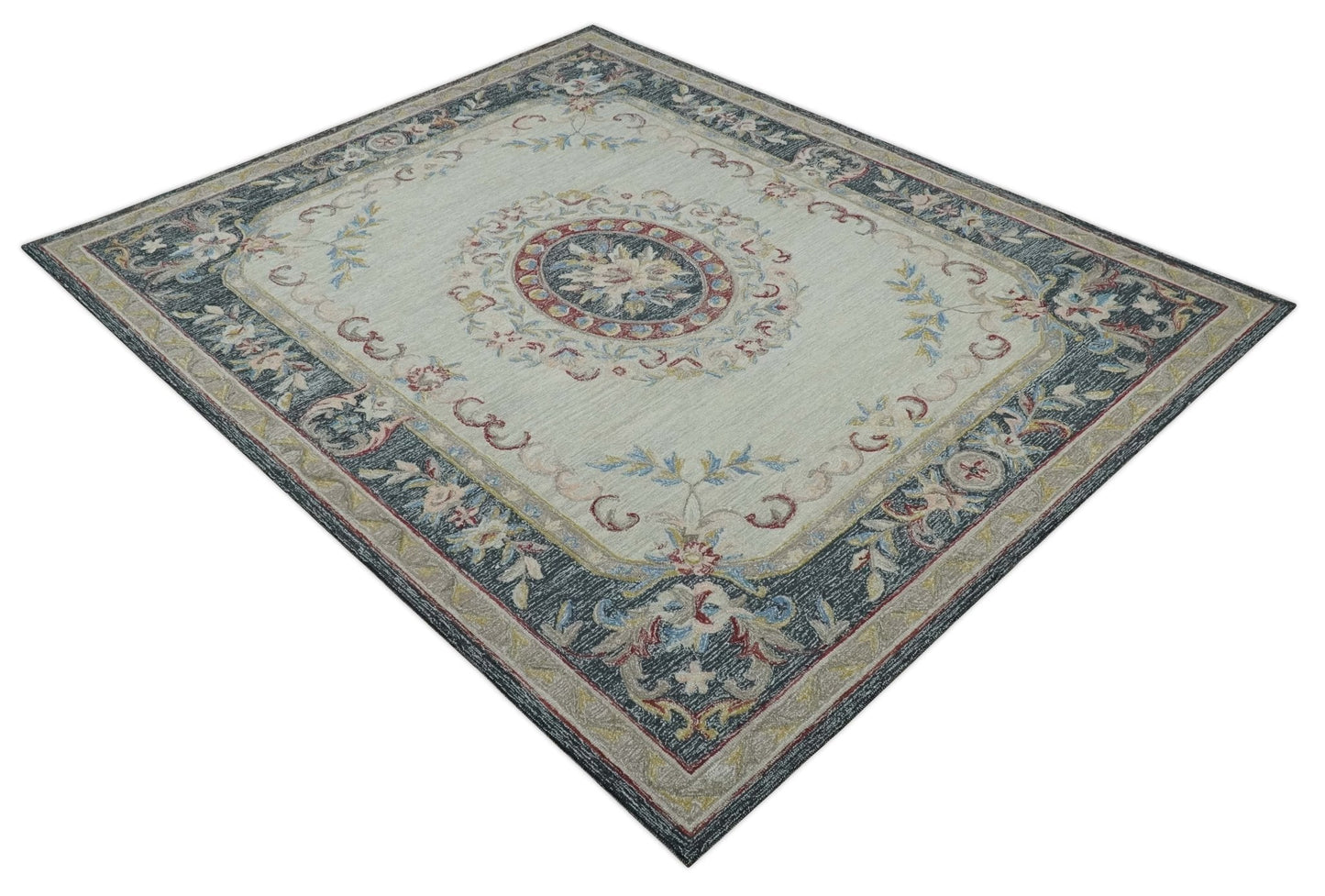 Antique Style Beige and Charcoal Aubusson design Hand Tufted 8x10 wool Area Rug - Marsh and Manor Collective