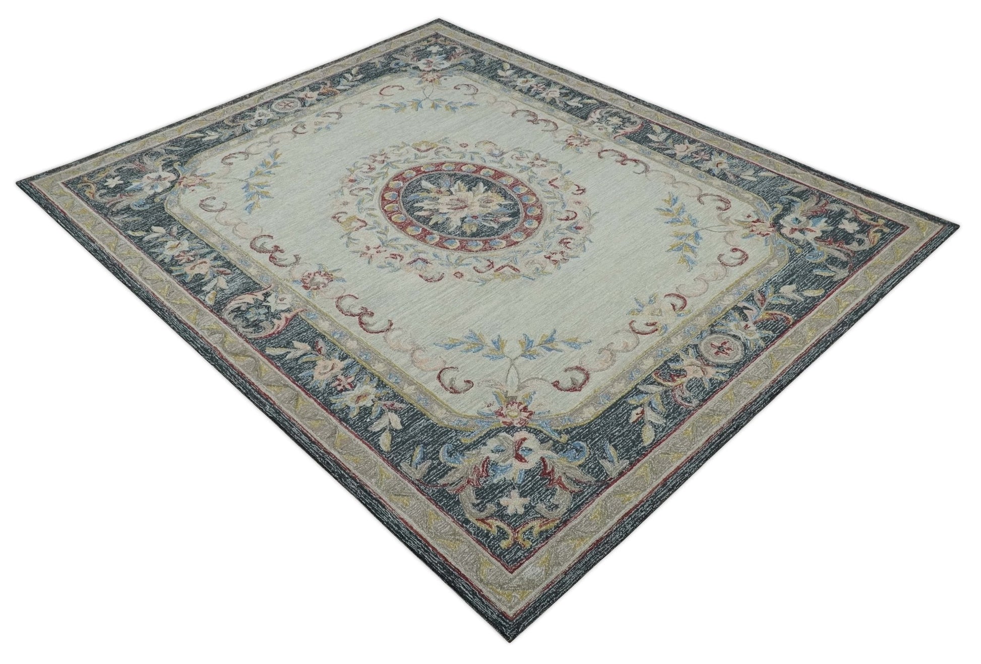 Antique Style Beige and Charcoal Aubusson design Hand Tufted 8x10 wool Area Rug - Marsh and Manor Collective