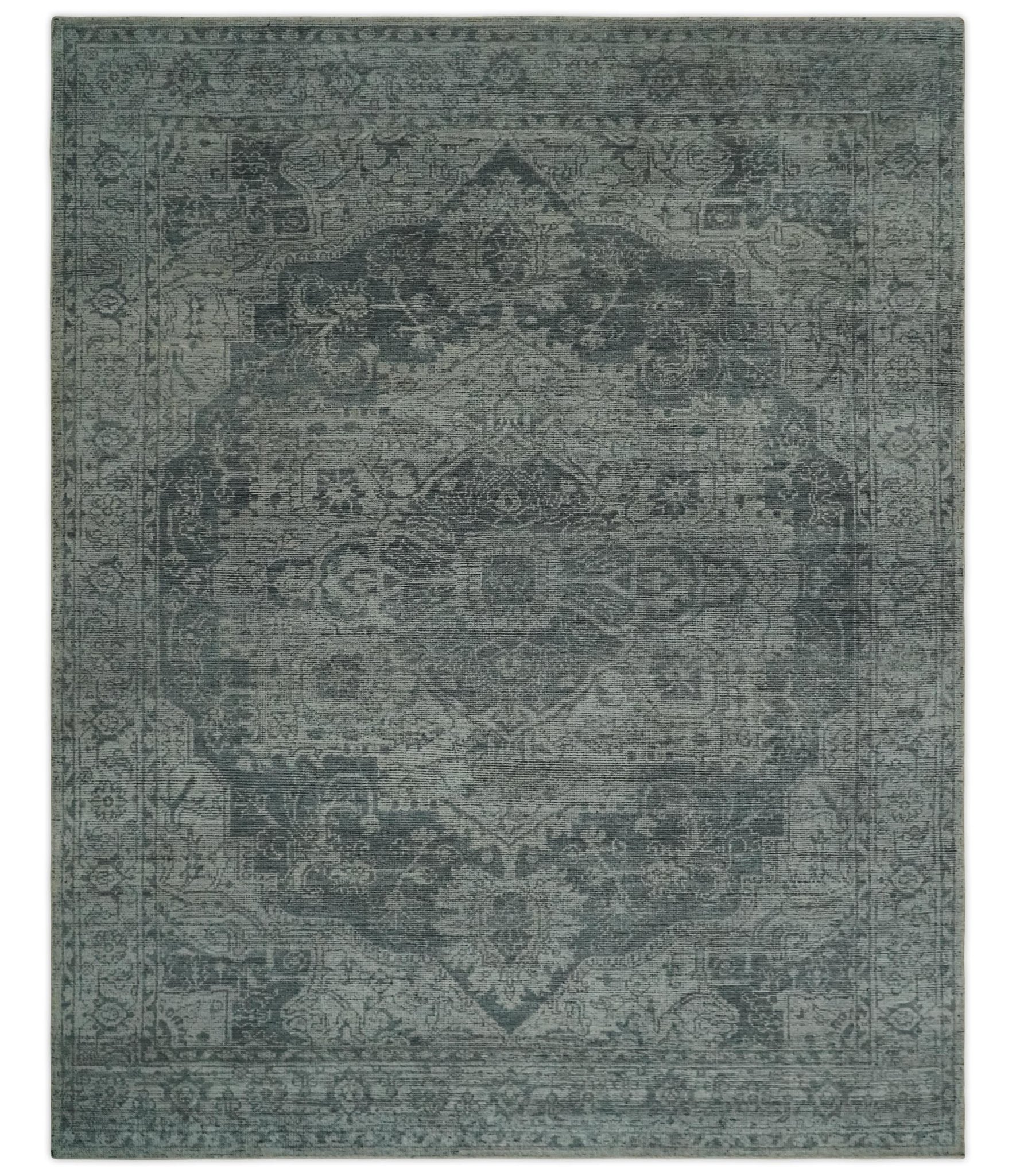 Antique Style Charcoal and Silver Traditional Heriz Medallion 8x10 wool Area Rug - Marsh and Manor Collective
