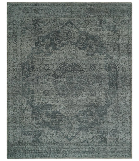Antique Style Charcoal and Silver Traditional Heriz Medallion 8x10 wool Area Rug - Marsh and Manor Collective