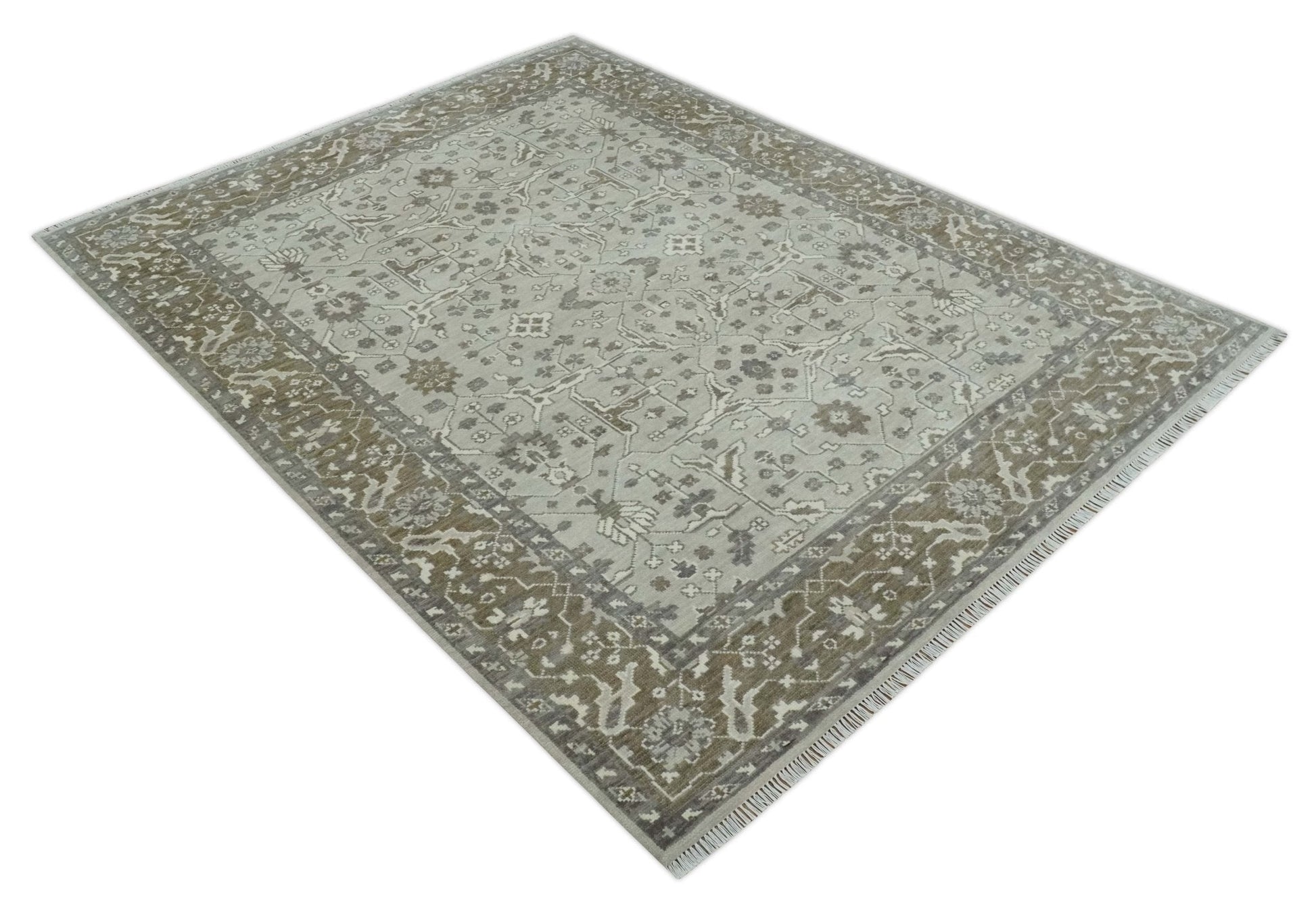 Antique Style Custom Made Traditional Silver and Brown Oriental Oushak Wool Area Rug - Marsh and Manor Collective