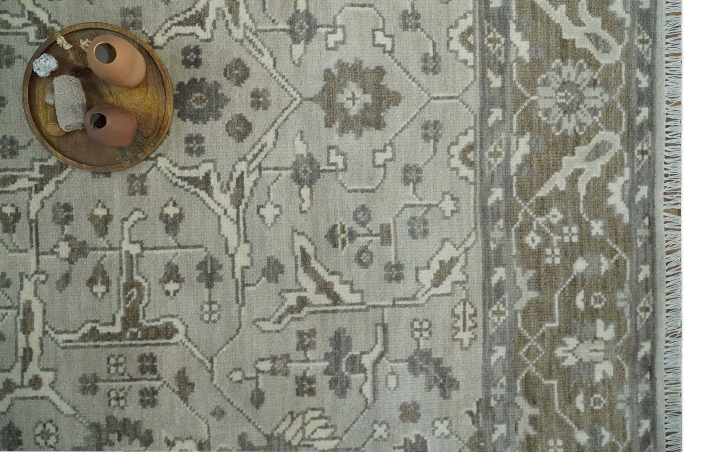 Antique Style Custom Made Traditional Silver and Brown Oriental Oushak Wool Area Rug - Marsh and Manor Collective