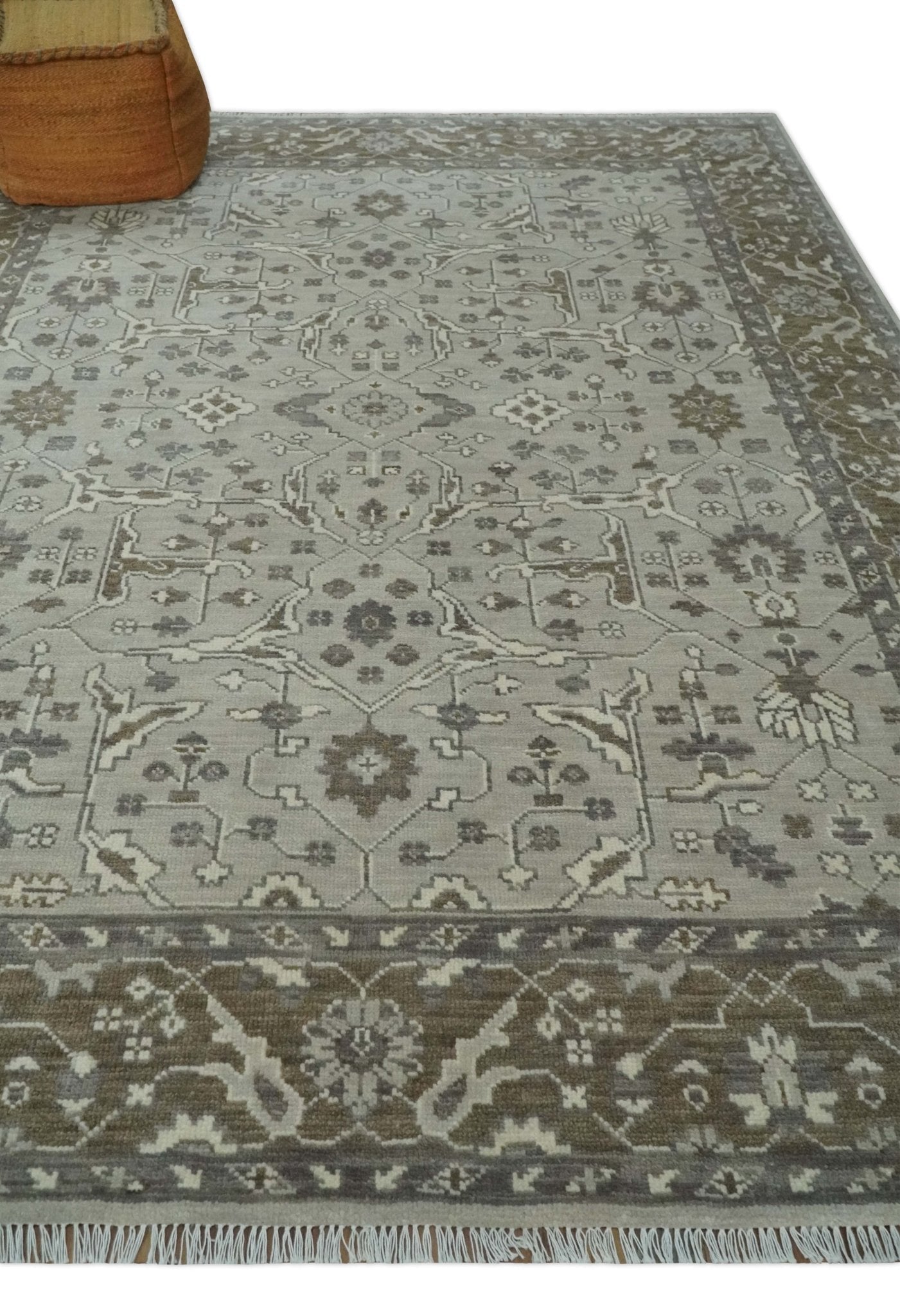 Antique Style Custom Made Traditional Silver and Brown Oriental Oushak Wool Area Rug - Marsh and Manor Collective